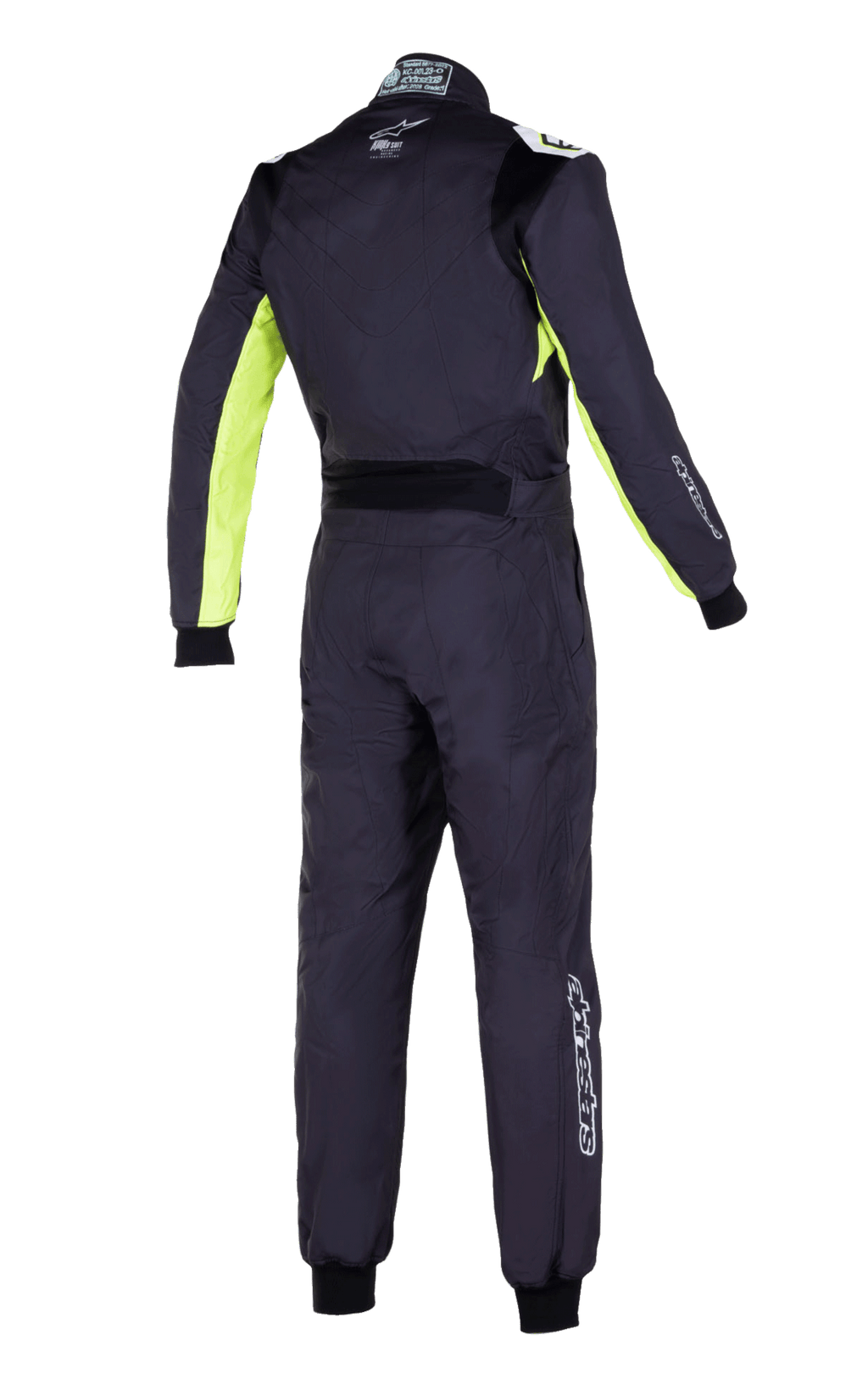Mono Alpinestars KMX-9 V3 Graphic 3, mono de karting, negro y amarillo flúor, vista trasera con paneles amarillo flúor en las mangas y los laterales, panel lumbar elástico negro y logotipos blancos de Alpinestars en la espalda y las piernas.
