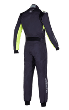 Mono Alpinestars KMX-9 V3 Graphic 3, mono de karting, negro y amarillo flúor, vista trasera con paneles amarillo flúor en las mangas y los laterales, panel lumbar elástico negro y logotipos blancos de Alpinestars en la espalda y las piernas.
