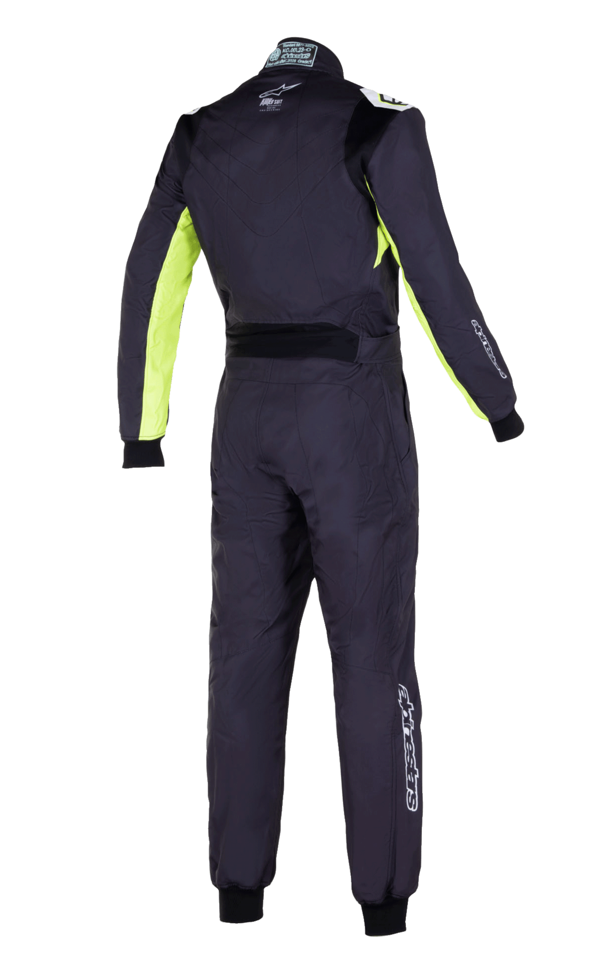 Mono Alpinestars KMX-9 V3 Graphic 3, mono de karting, negro y amarillo flúor, vista trasera con paneles amarillo flúor en las mangas y los laterales, panel lumbar elástico negro y logotipos blancos de Alpinestars en la espalda y las piernas.