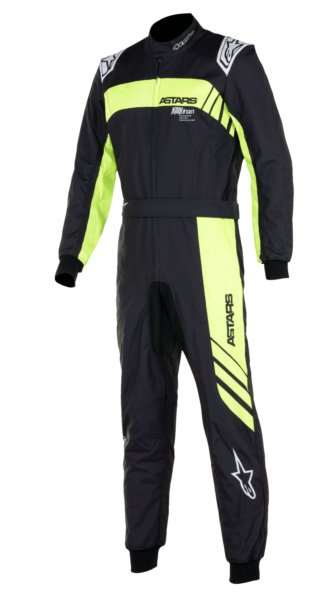 Alpinestars KMX-9 V3 Graphic 3 Suit, mono de karting de una pieza en negro y amarillo flúor, con llamativas franjas gráficas en amarillo fluorescente en el pecho y la pierna, logotipos blancos de Alpinestars en los hombros y la parte inferior de la pierna, puños de punto en muñecas y tobillos, equipamiento de competición de alto rendimiento