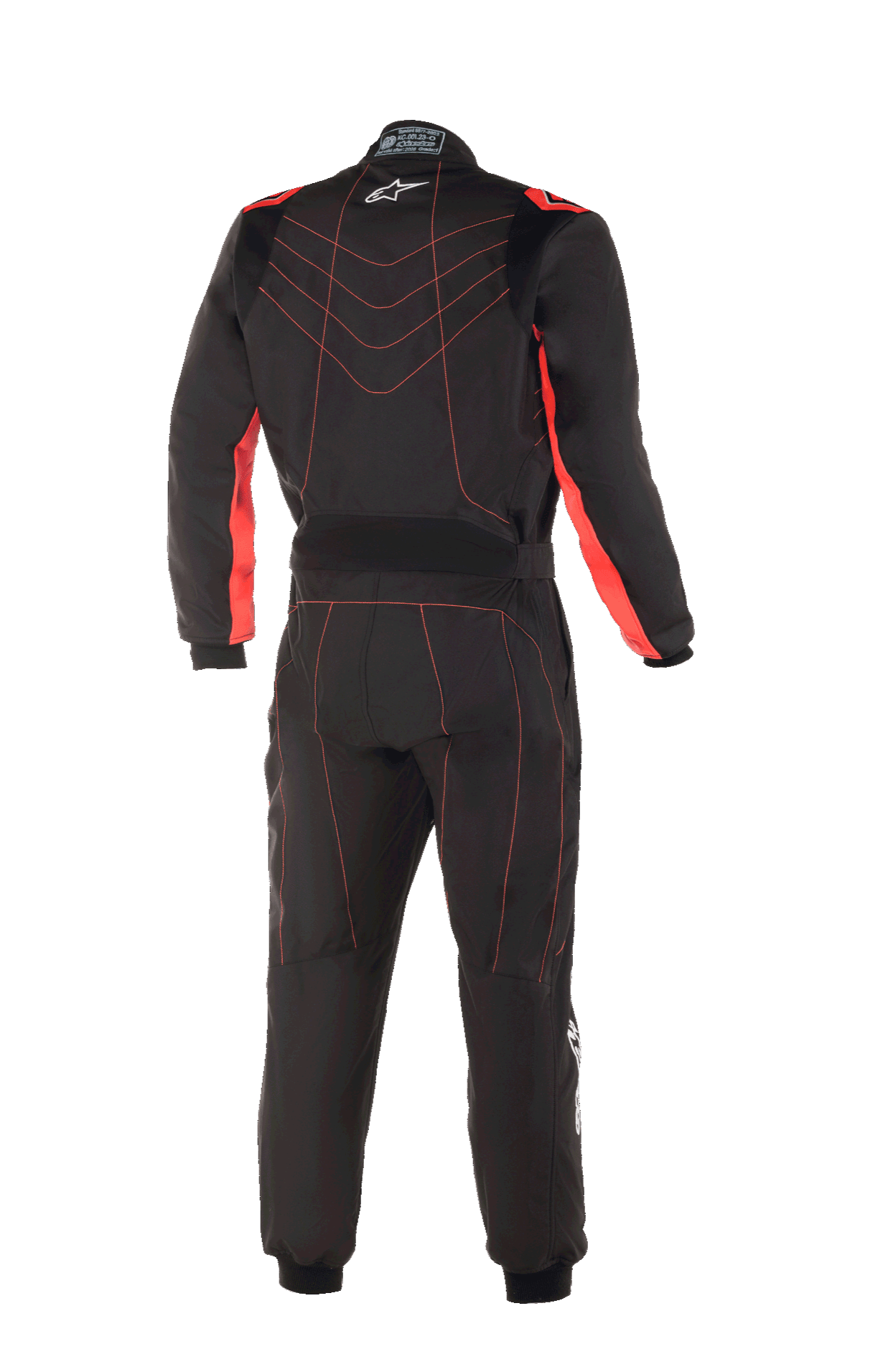 Alpinestars Youth KMX-9 V3 Suit, Karting Suit, Black and Red Fluo, rear view featuring red contrast stitching in a chevron pattern on the back, red panels on the inner arms, small white star logo on the collar, and an adjustable waist belt for a professional racing look.