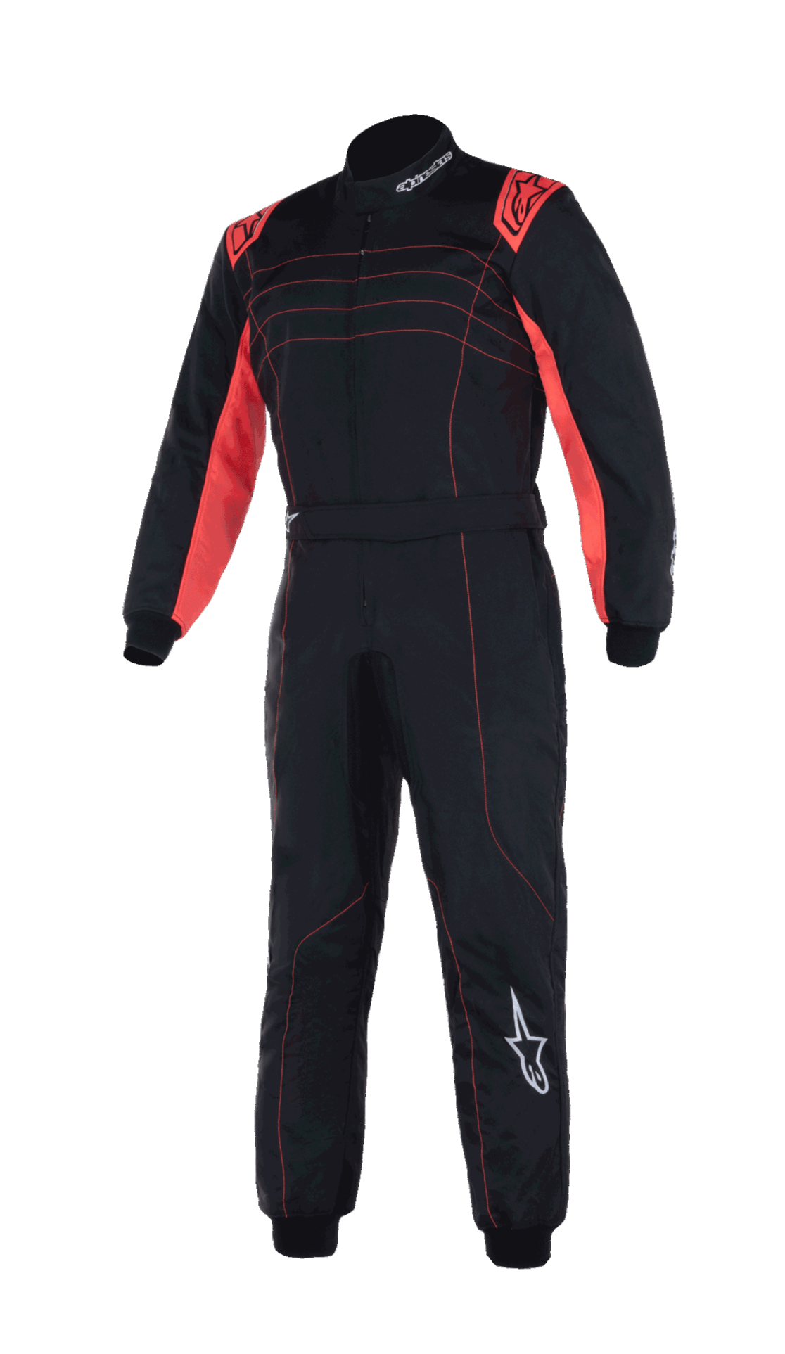 Alpinestars Youth KMX-9 V3 Suit, mono de carreras de karting, negro y rojo fluo, diseño de una pieza con acentos y costuras rojas en los hombros, logotipos blancos de Alpinestars, construcción de cuello alto para competición juvenil.
