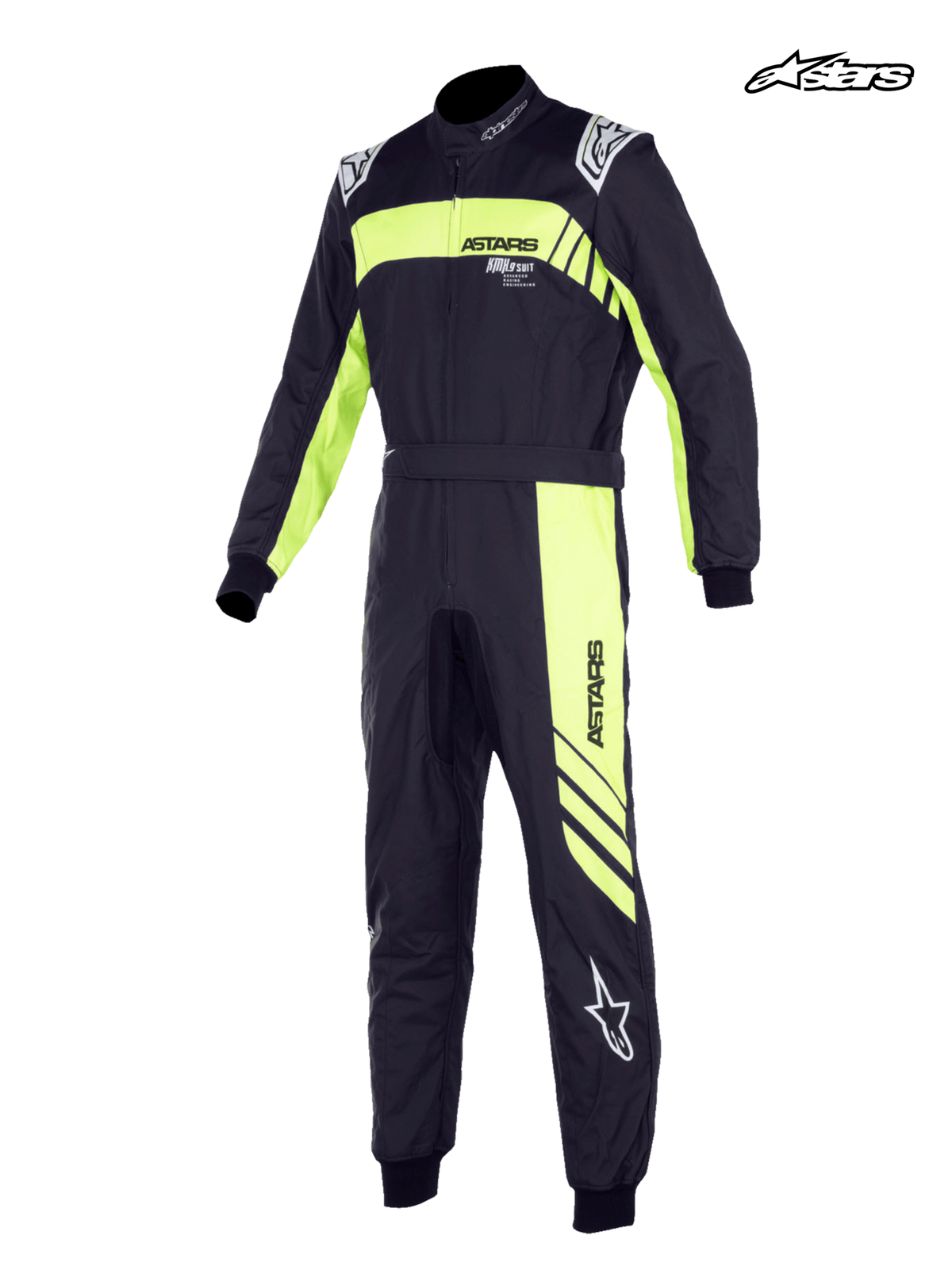 Alpinestars Youth KMX-9 V3 Suit Graphic 3, youth karting suit in black and yellow fluo, FIA certified racing apparel featuring a dual-layer construction and Formula 1-derived epaulettes