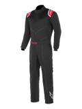 Alpinestars Kart Indoor Suit, mono de carreras para karting en negro y rojo, con paneles rojos en los hombros y logotipos de estrellas blancas, cinturón ajustable con la marca Alpinestars en rojo y logotipo de estrella blanca en la parte inferior de la pierna izquierda.