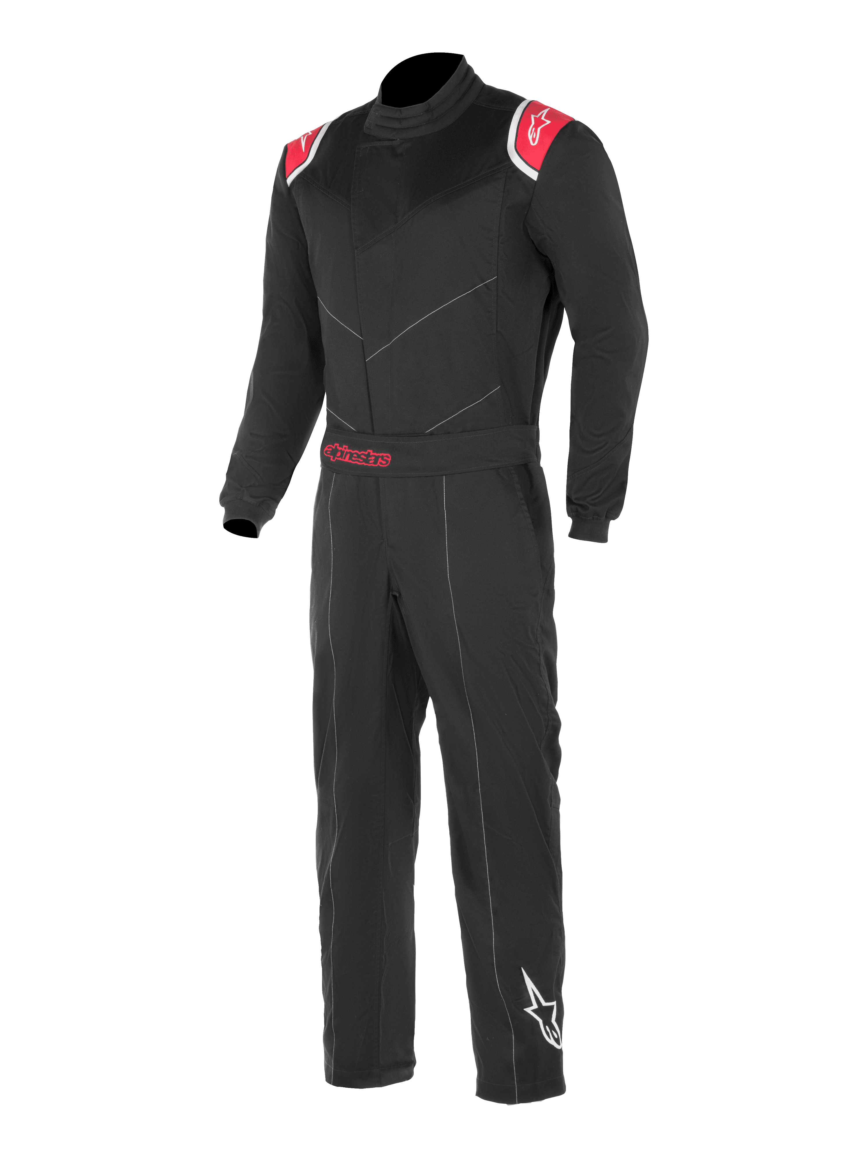 Alpinestars Kart Indoor Suit, mono de carreras para karting en negro y rojo, con paneles rojos en los hombros y logotipos de estrellas blancas, cinturón ajustable con la marca Alpinestars en rojo y logotipo de estrella blanca en la parte inferior de la pierna izquierda.