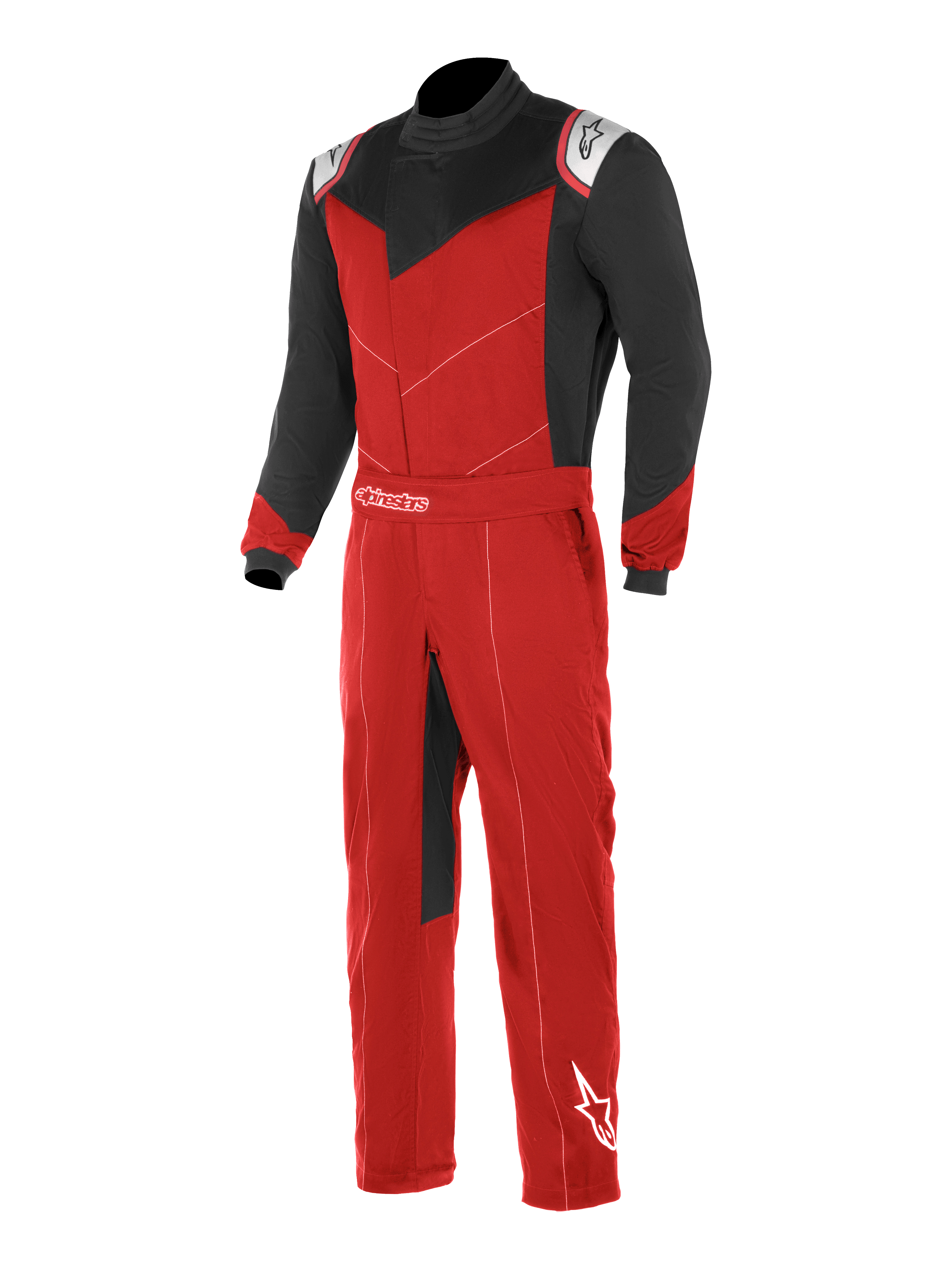 Alpinestars Kart Indoor Suit, mono de karting, rojo y negro con detalles blancos, mangas y paneles superiores del pecho negros, torso y piernas rojos, con apertura frontal asimétrica y cinturón ajustable