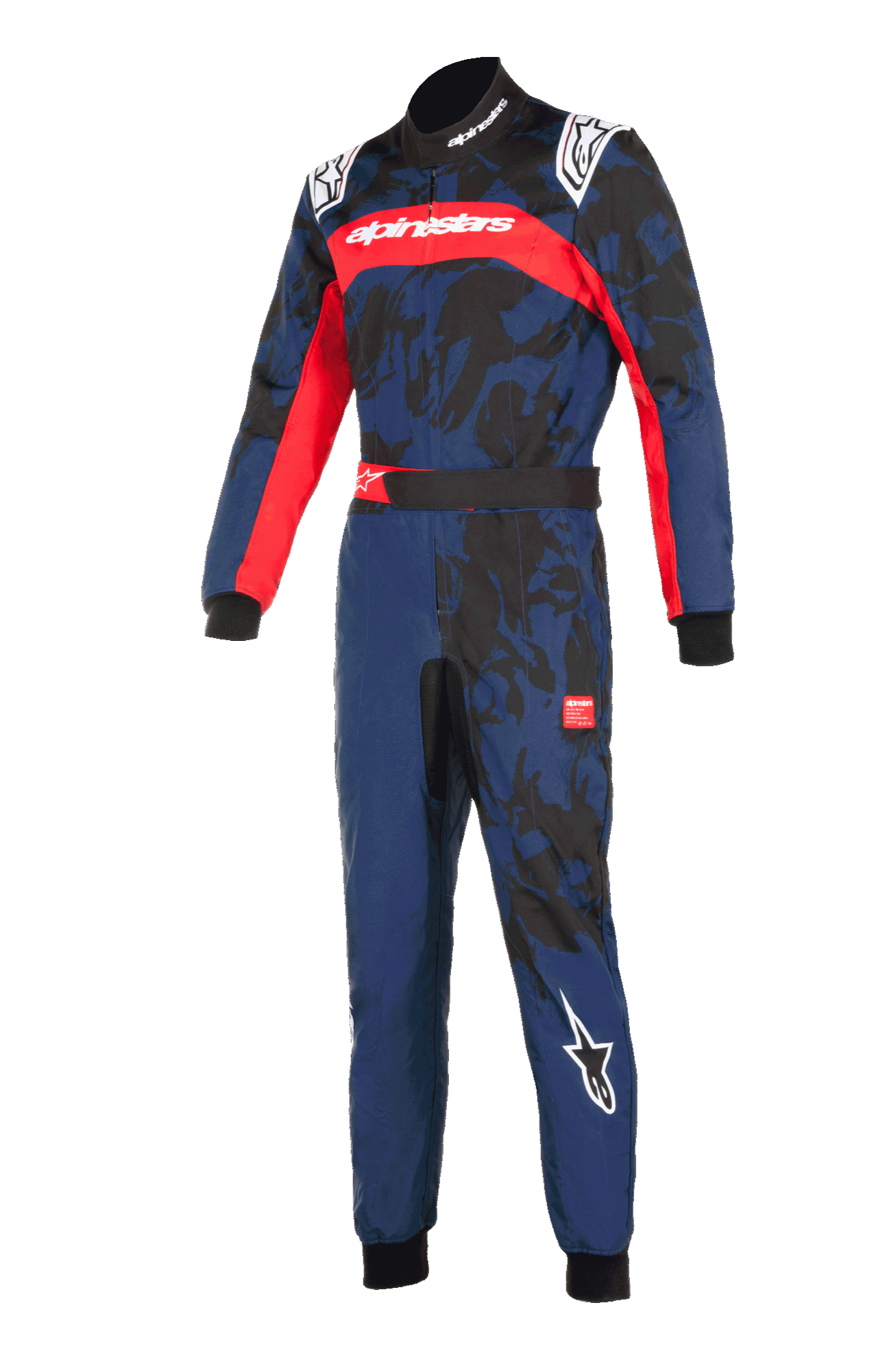 Alpinestars KMX-9 V3 Graphic 5 Suit, Navy Red karting suit, navy blue with black camouflage graphics and vibrant red accents, features Alpinestars logos on the chest, shoulders, and leg, professional racing gear design