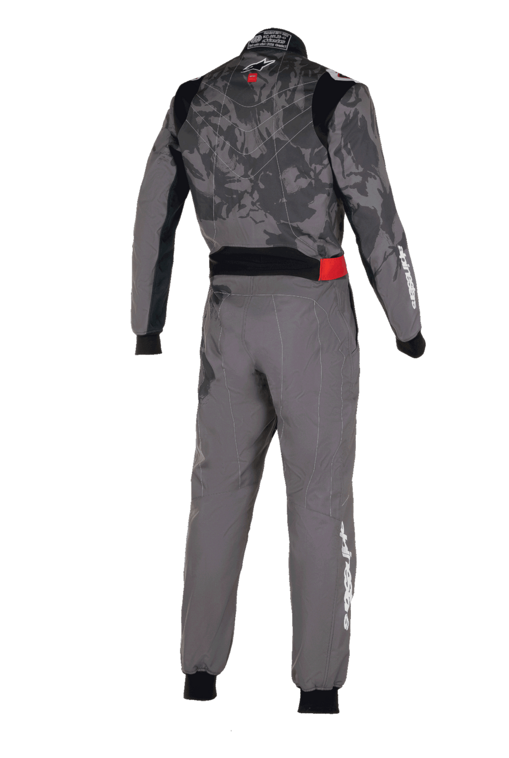 Alpinestars KMX-9 V3 Graphic 5 Suit, mono de karting, gris oscuro y negro, vista trasera con un patrón gráfico de camuflaje en el torso, detalle rojo en la cintura y logotipos de Alpinestars en blanco en la manga y la pierna
