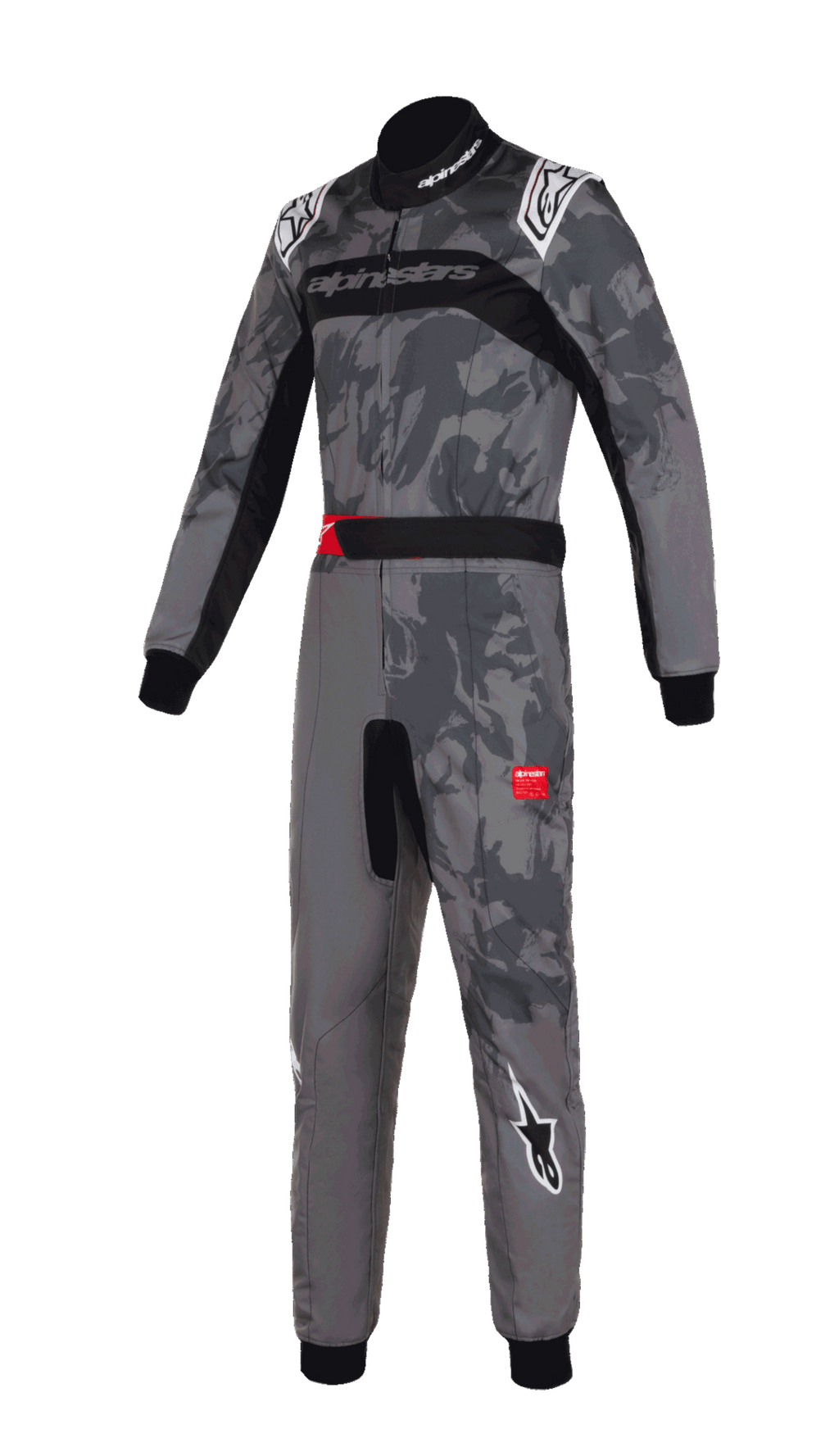 Alpinestars KMX-9 V3 Graphic 5 Suit, mono de karting, diseño gráfico de camuflaje en gris oscuro y negro, con logotipos de Alpinestars en blanco en hombros y piernas, paneles elásticos negros, detalles rojos en el cinturón, diseño profesional de una pieza para competición de automovilismo