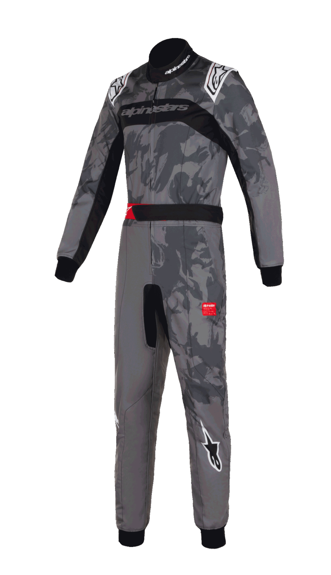 Alpinestars KMX-9 V3 Graphic 5 Suit, mono de karting, diseño gráfico de camuflaje en gris oscuro y negro, con logotipos de Alpinestars en blanco en hombros y piernas, paneles elásticos negros, detalles rojos en el cinturón, diseño profesional de una pieza para competición de automovilismo