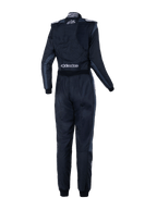 Alpinestars Woman Stella GP Pro Comp V2 Suit - FIA, Rear View, Black Asphalt and White, featuring white Stella and Alpinestars logos, professional auto racing suit with shoulder epaulettes and anatomical paneling for women.