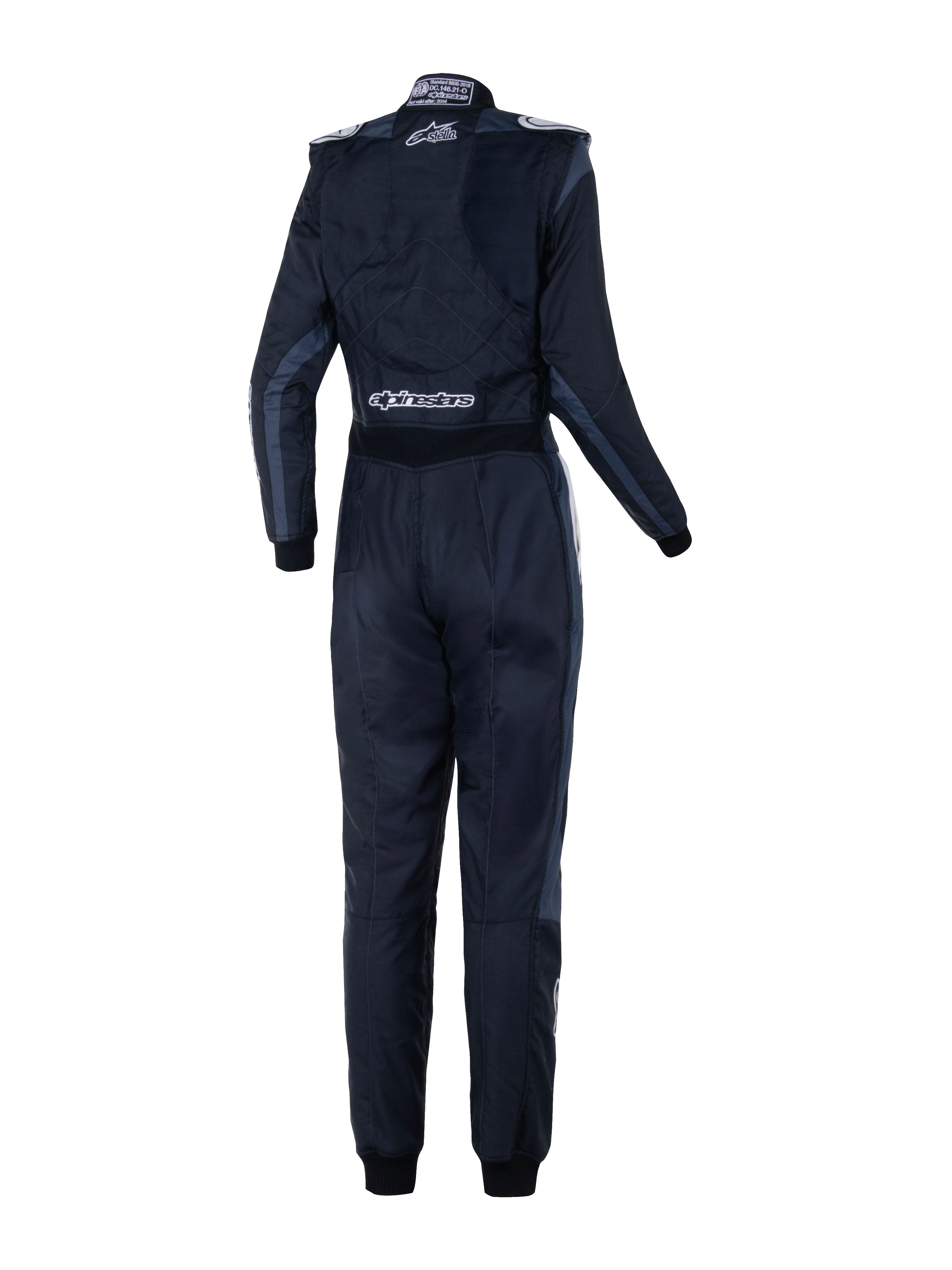Alpinestars Woman Stella GP Pro Comp V2 Suit - FIA, Rear View, Black Asphalt and White, featuring white Stella and Alpinestars logos, professional auto racing suit with shoulder epaulettes and anatomical paneling for women.