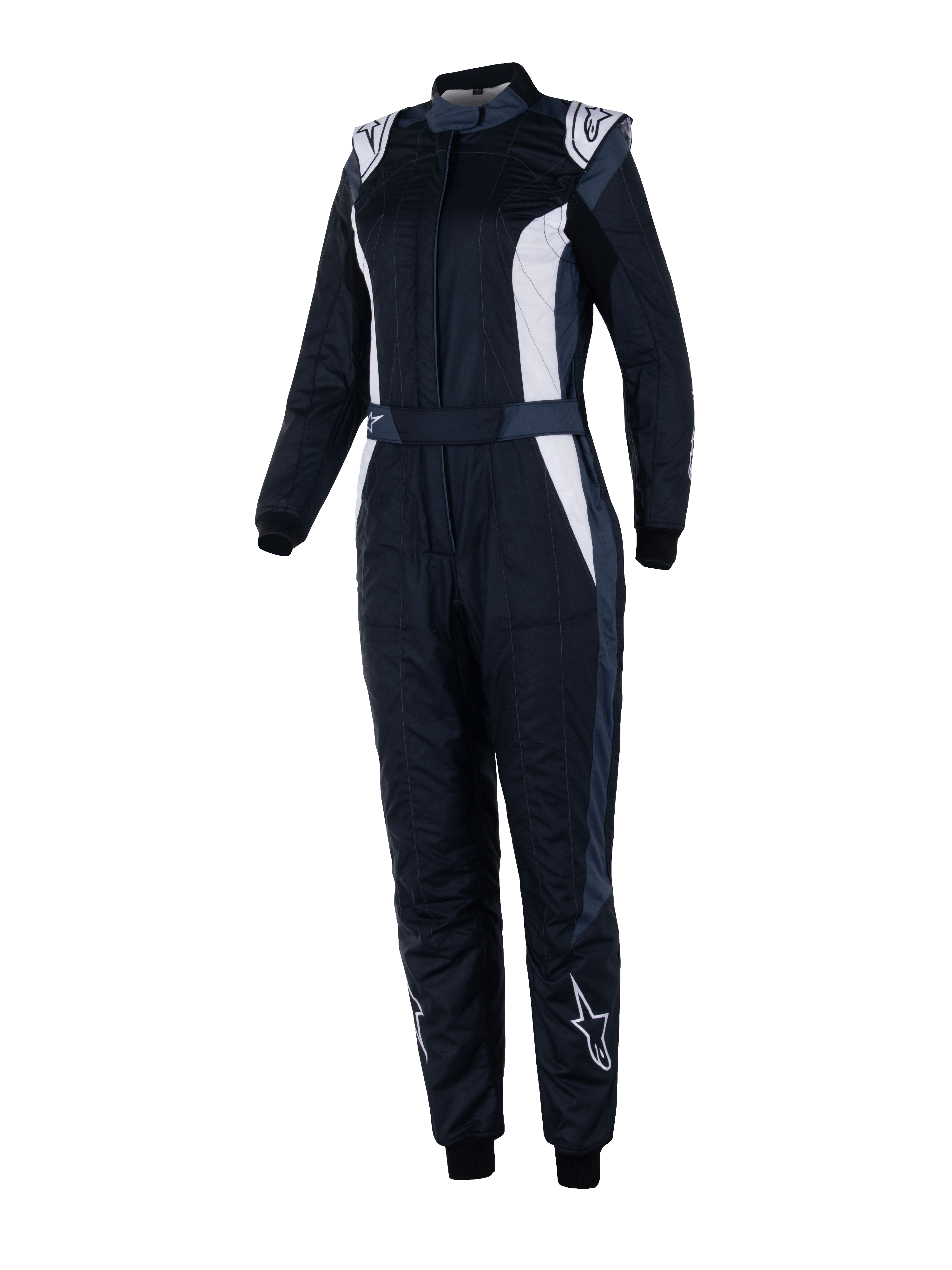 Alpinestars Stella GP Pro Comp V2 Suit, Women's FIA Racing Suit, Black Asphalt and White, long sleeves with high collar, white logos on shoulders and shins, adjustable waist belt, elastic cuffs, aerodynamic design for professional motorsport racing