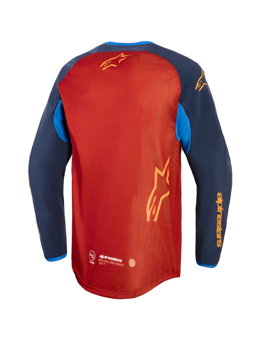 Alpinestars Maxdura Dual Jersey, jersey de motociclismo de aventura, marrón óxido y Mood Indigo con detalles en azul brillante, vista trasera que muestra el torso de malla completa, dobladillo trasero de corte caído y marca Alpinestars en amarillo en las mangas y la espalda.