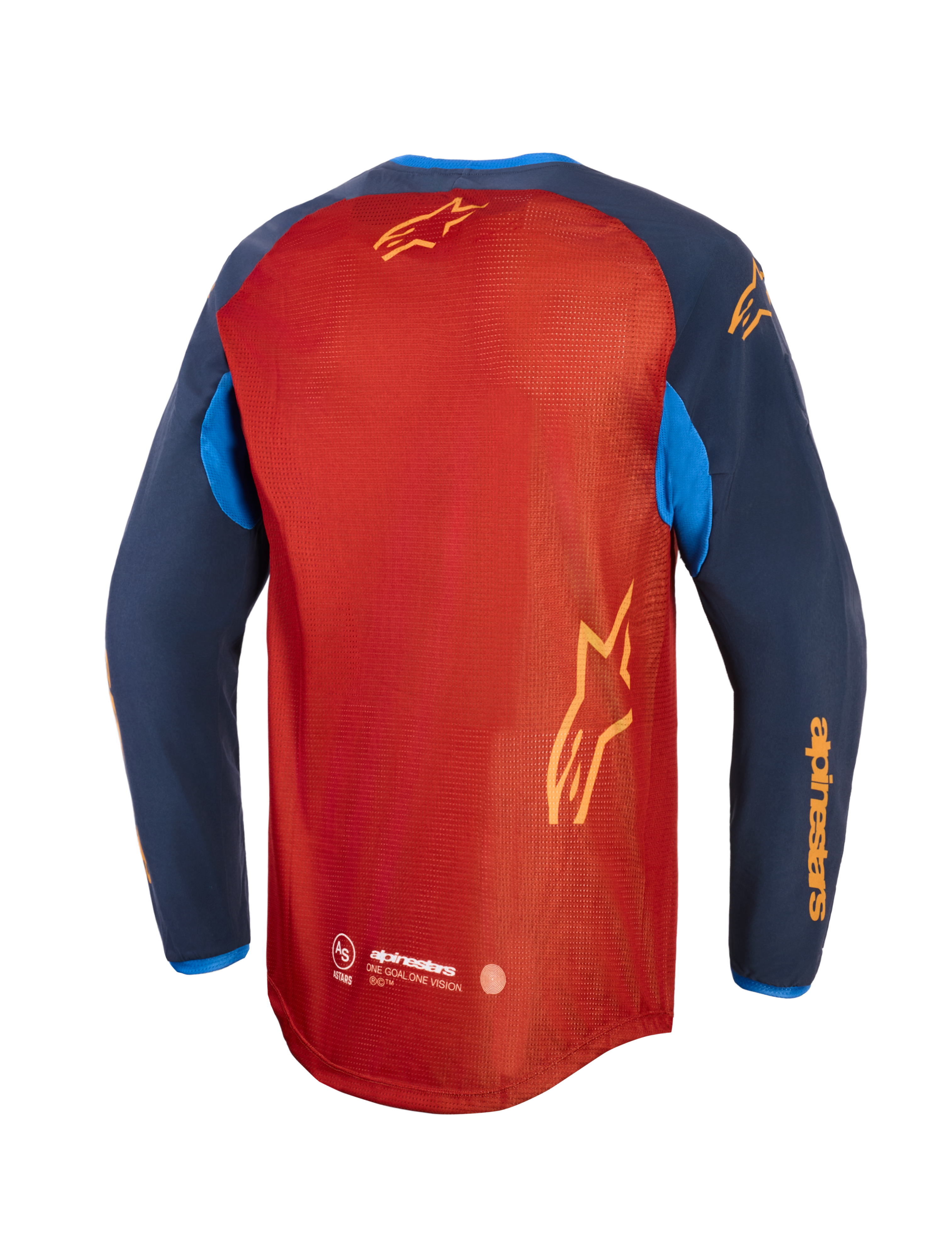 Alpinestars Maxdura Dual Jersey, jersey de motociclismo de aventura, marrón óxido y Mood Indigo con detalles en azul brillante, vista trasera que muestra el torso de malla completa, dobladillo trasero de corte caído y marca Alpinestars en amarillo en las mangas y la espalda.