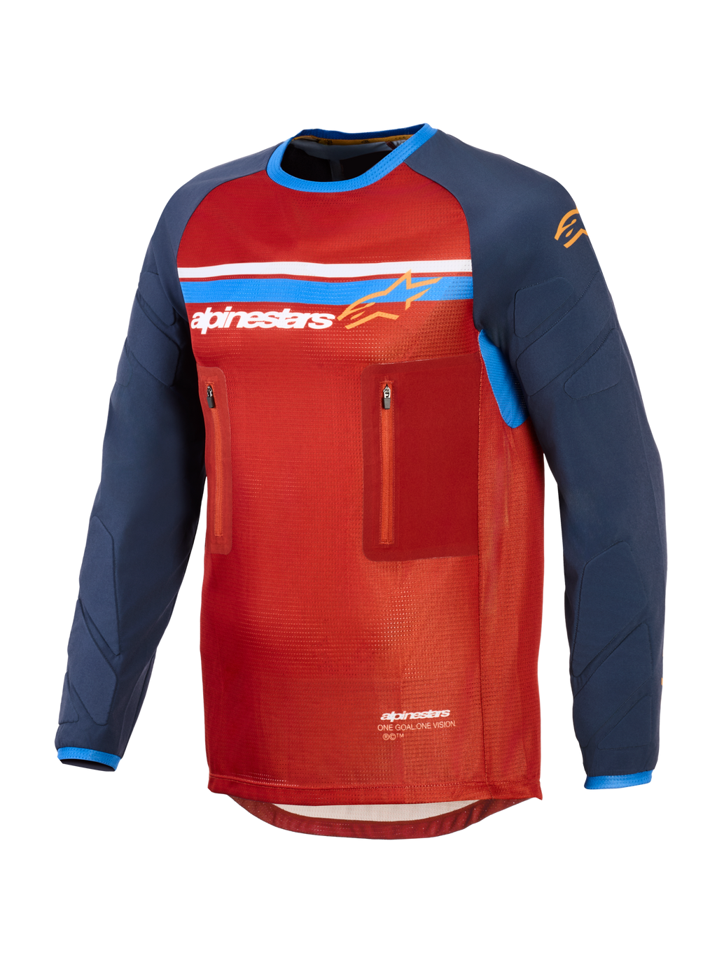 Alpinestars Maxdura Dual Jersey, rojo y azul oscuro, jersey técnico de aventura para motociclismo con torso de malla, dos bolsillos con cremallera en el pecho, logotipo de Alpinestars con franjas azules y blancas, y mangas largas resistentes a la abrasión