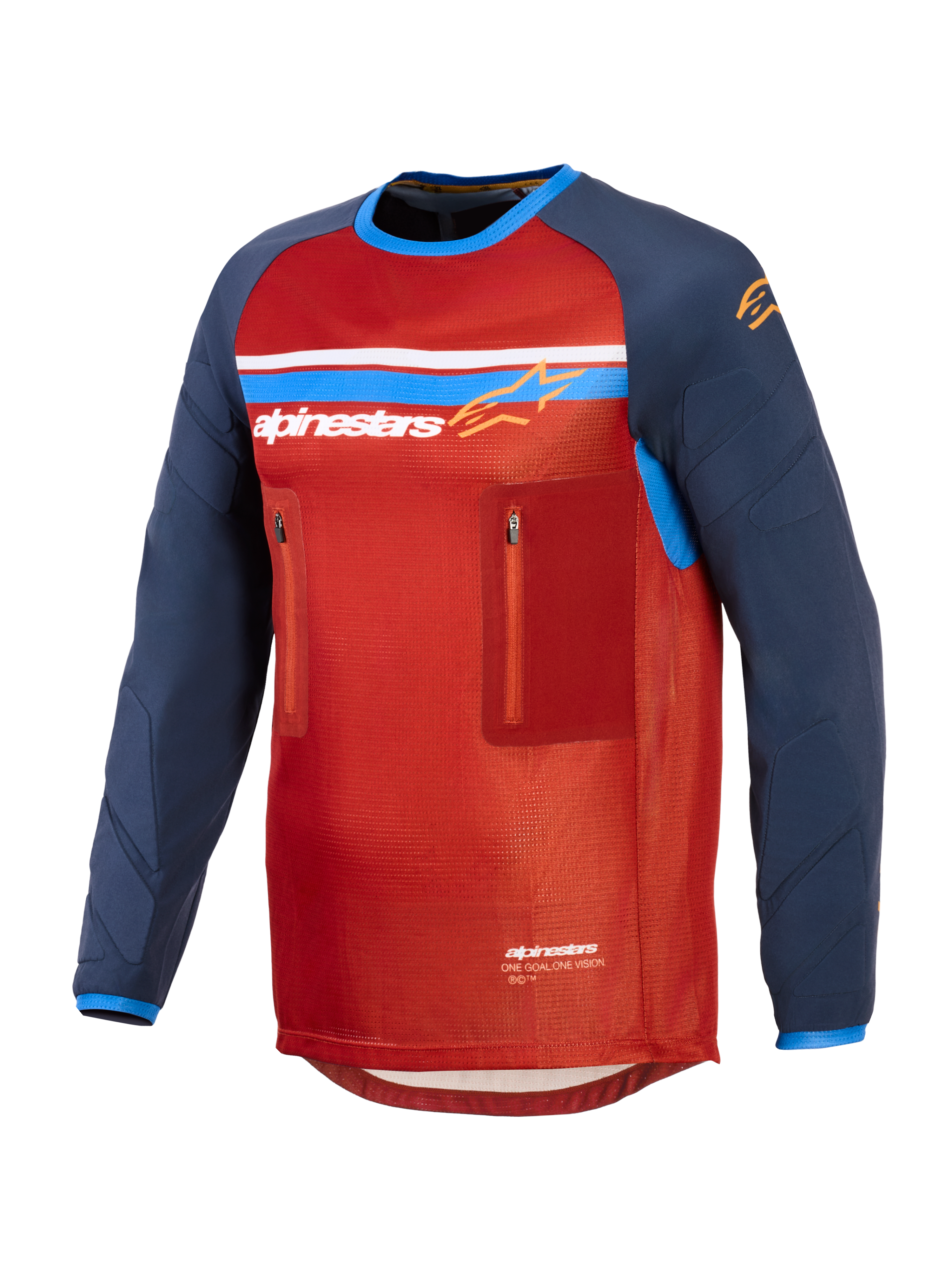 Alpinestars Maxdura Dual Jersey, rojo y azul oscuro, jersey técnico de aventura para motociclismo con torso de malla, dos bolsillos con cremallera en el pecho, logotipo de Alpinestars con franjas azules y blancas, y mangas largas resistentes a la abrasión