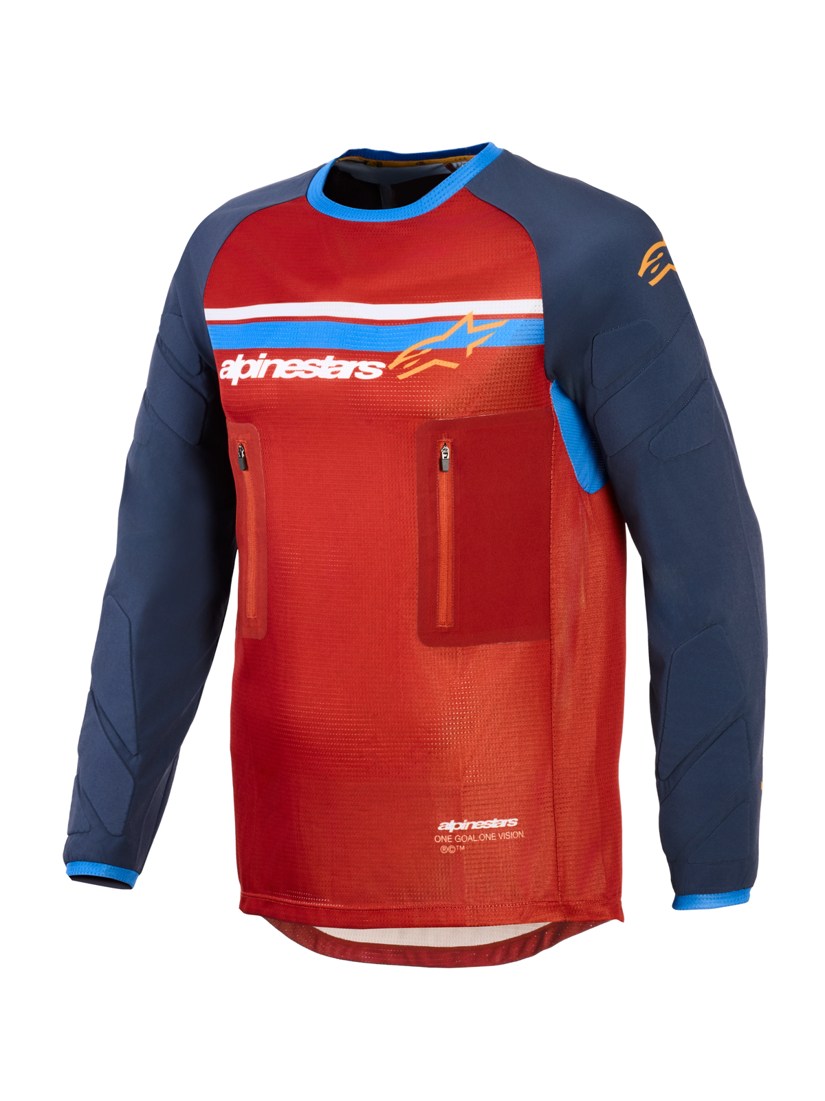 Alpinestars Maxdura Dual Jersey, dual-sport adventure motorcycle jersey, men's off-road riding apparel, rust brown and mood indigo, featuring stretch mesh torso and zippered chest pockets