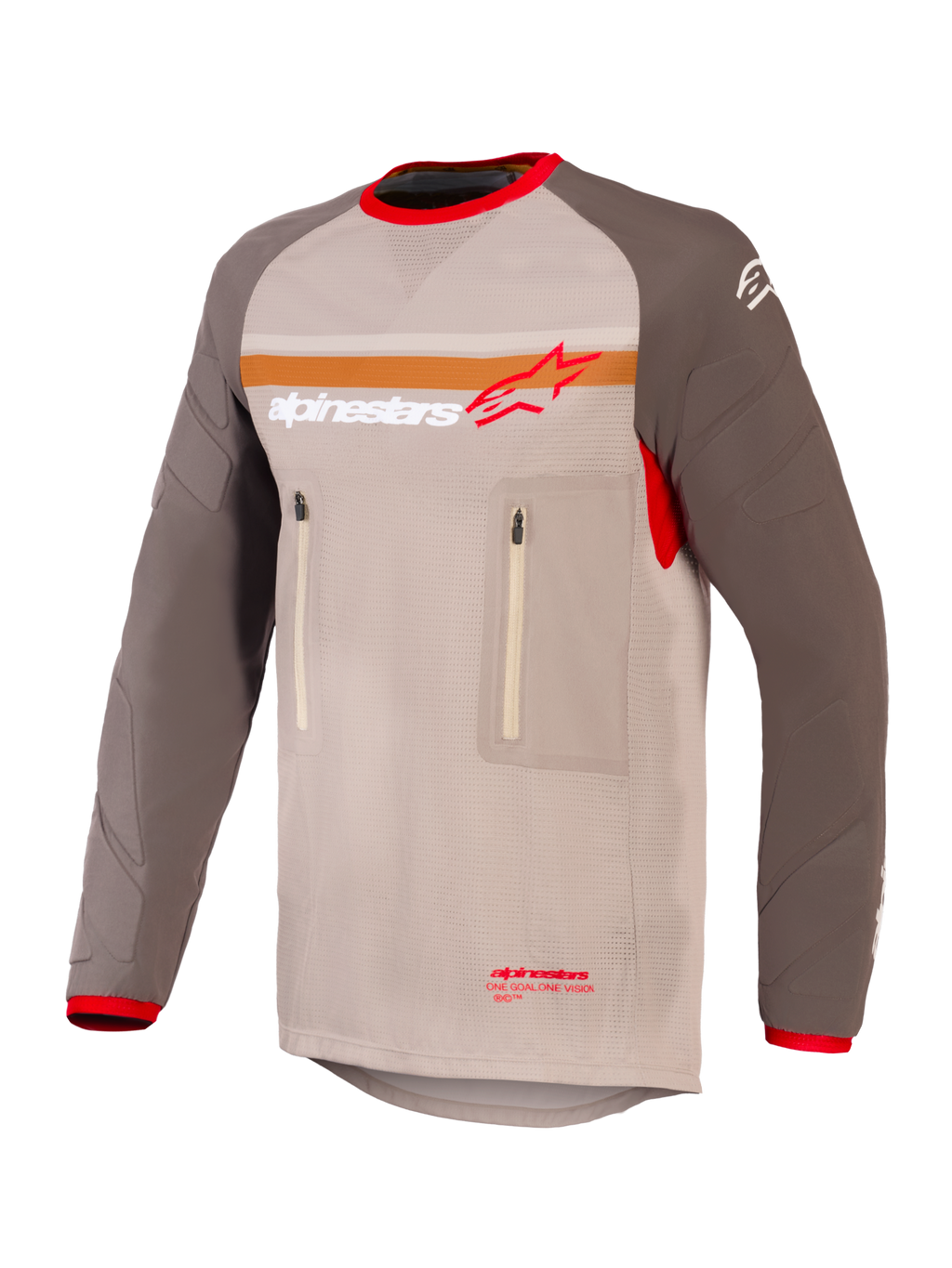 Alpinestars Maxdura Dual Jersey, jersey de motociclismo para aventura y dual-sport, color Aluminum Walnut y marrón, torso de malla con mangas resistentes a la abrasión, bolsillos dobles con cremallera en el pecho, franja naranja y logotipo de Alpinestars en el pecho, ribetes rojos en el cuello y los puños