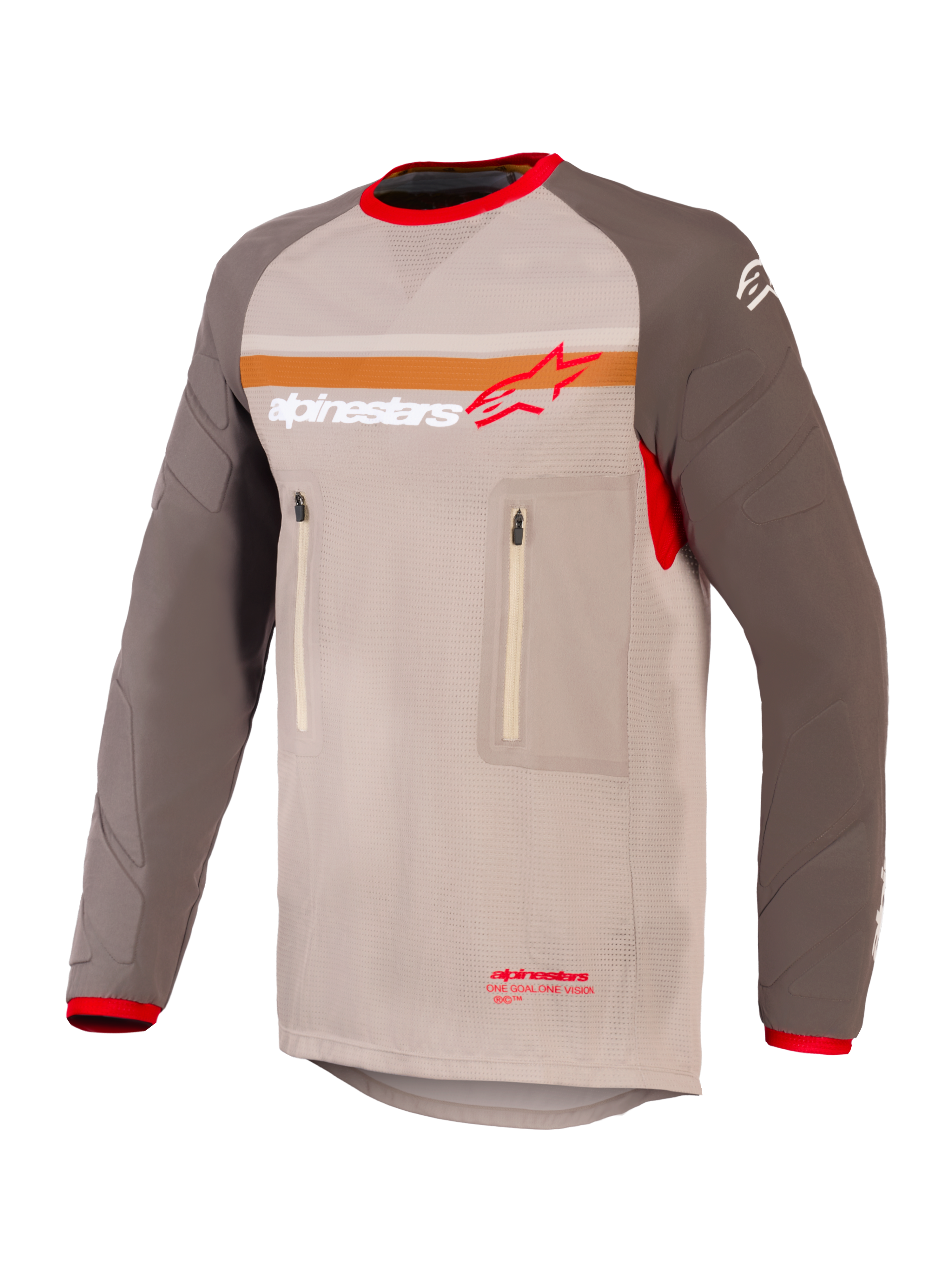 Alpinestars Maxdura Dual Jersey, jersey de motociclismo para aventura y dual-sport, color Aluminum Walnut y marrón, torso de malla con mangas resistentes a la abrasión, bolsillos dobles con cremallera en el pecho, franja naranja y logotipo de Alpinestars en el pecho, ribetes rojos en el cuello y los puños