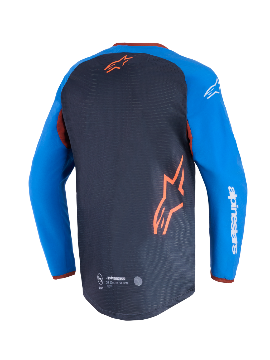 Alpinestars Maxdura Dual Jersey, jersey de motocicleta, gris oscuro y azul real, vista trasera con panel de malla en el torso y logotipo de estrella naranja, mangas azul real con texto Alpinestars en blanco, dobladillo trasero caído para rendimiento off-road