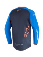 Alpinestars Maxdura Dual Jersey, jersey de motocicleta, gris oscuro y azul real, vista trasera con panel de malla en el torso y logotipo de estrella naranja, mangas azul real con texto Alpinestars en blanco, dobladillo trasero caído para rendimiento off-road