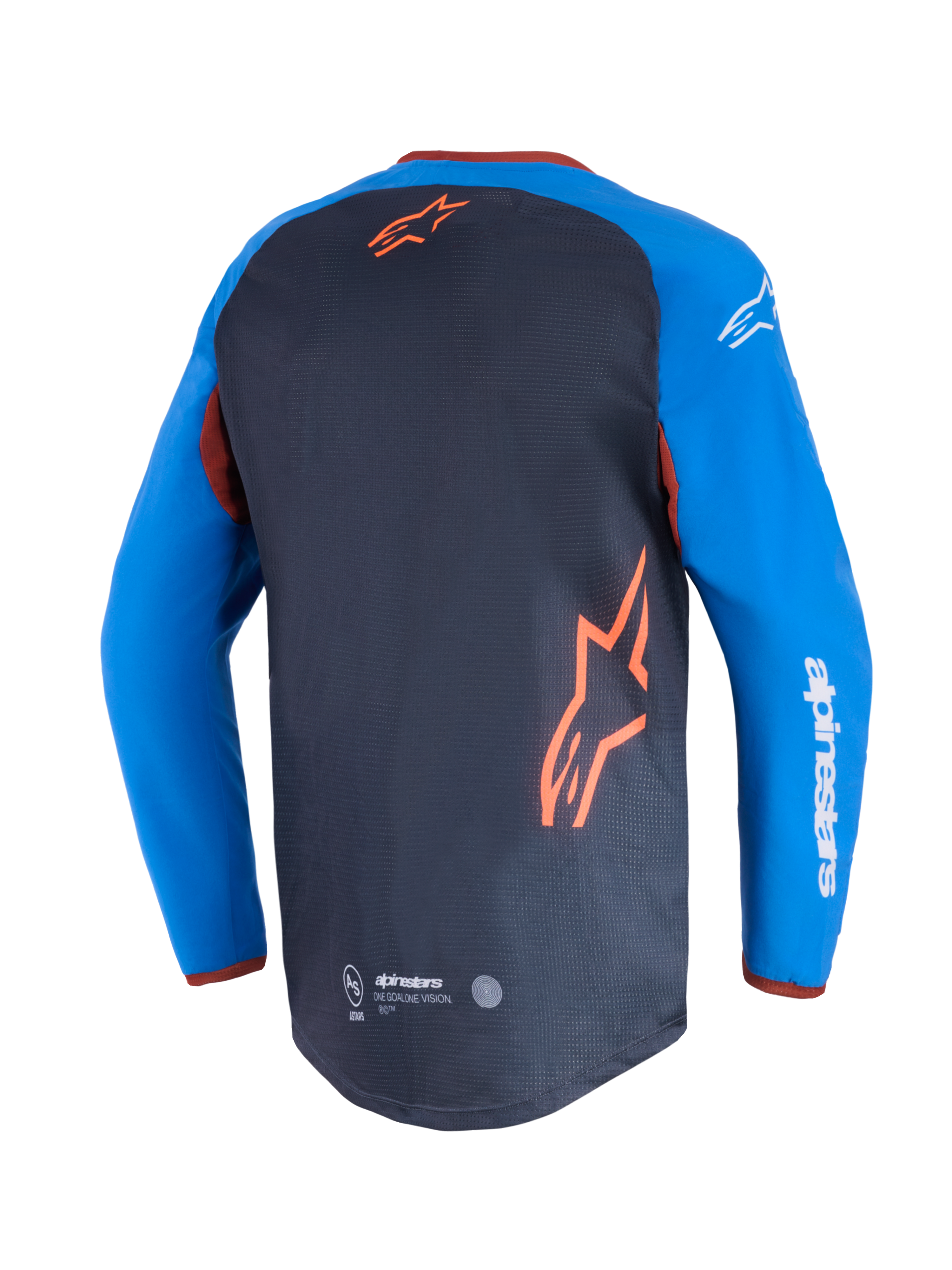 Alpinestars Maxdura Dual Jersey, jersey de motocicleta, gris oscuro y azul real, vista trasera con panel de malla en el torso y logotipo de estrella naranja, mangas azul real con texto Alpinestars en blanco, dobladillo trasero caído para rendimiento off-road