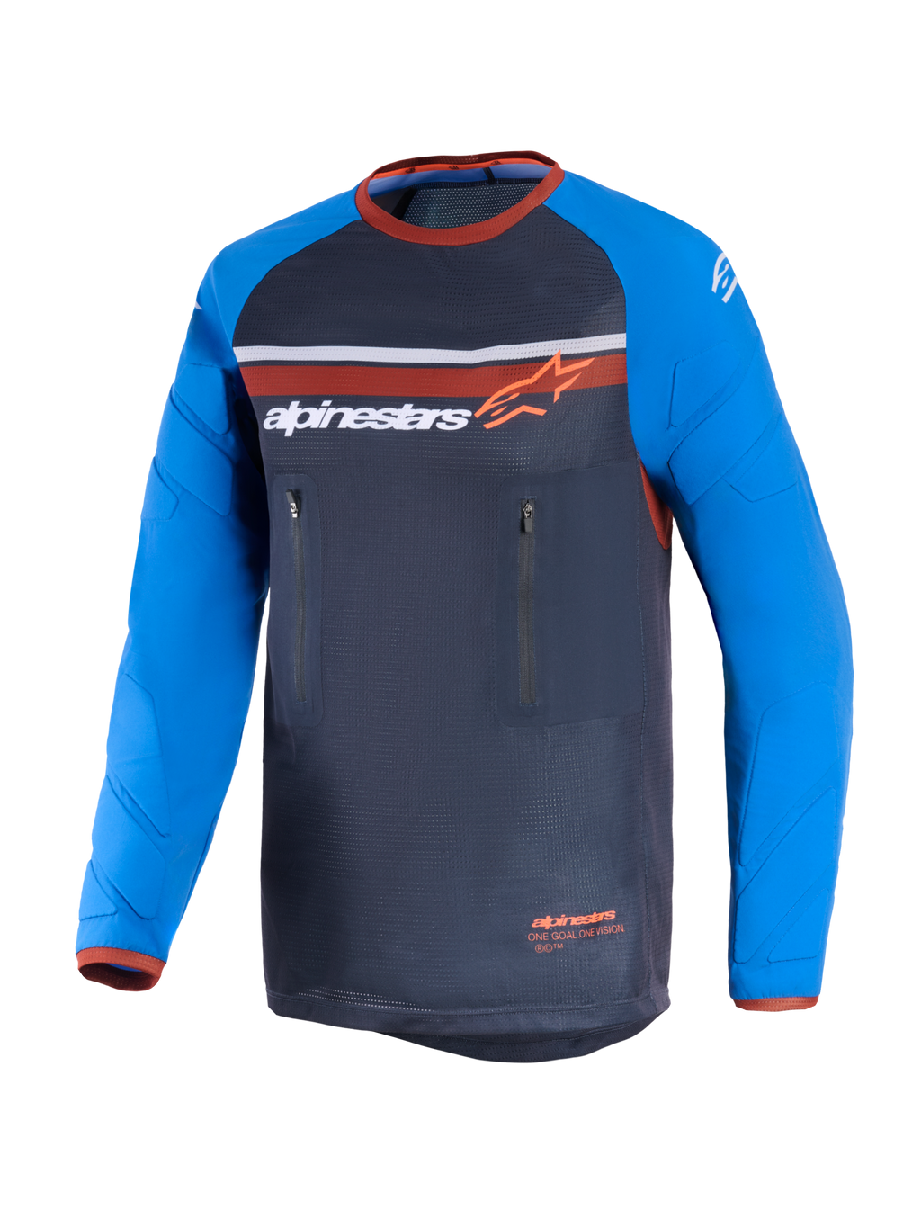 Alpinestars Maxdura Dual Jersey, gris oscuro y azul real, jersey de motociclismo dual-sport con torso de malla completa, mangas largas resistentes a la abrasión con patrones de refuerzo, detalles naranjas y bolsillos verticales dobles con cremallera en el pecho
