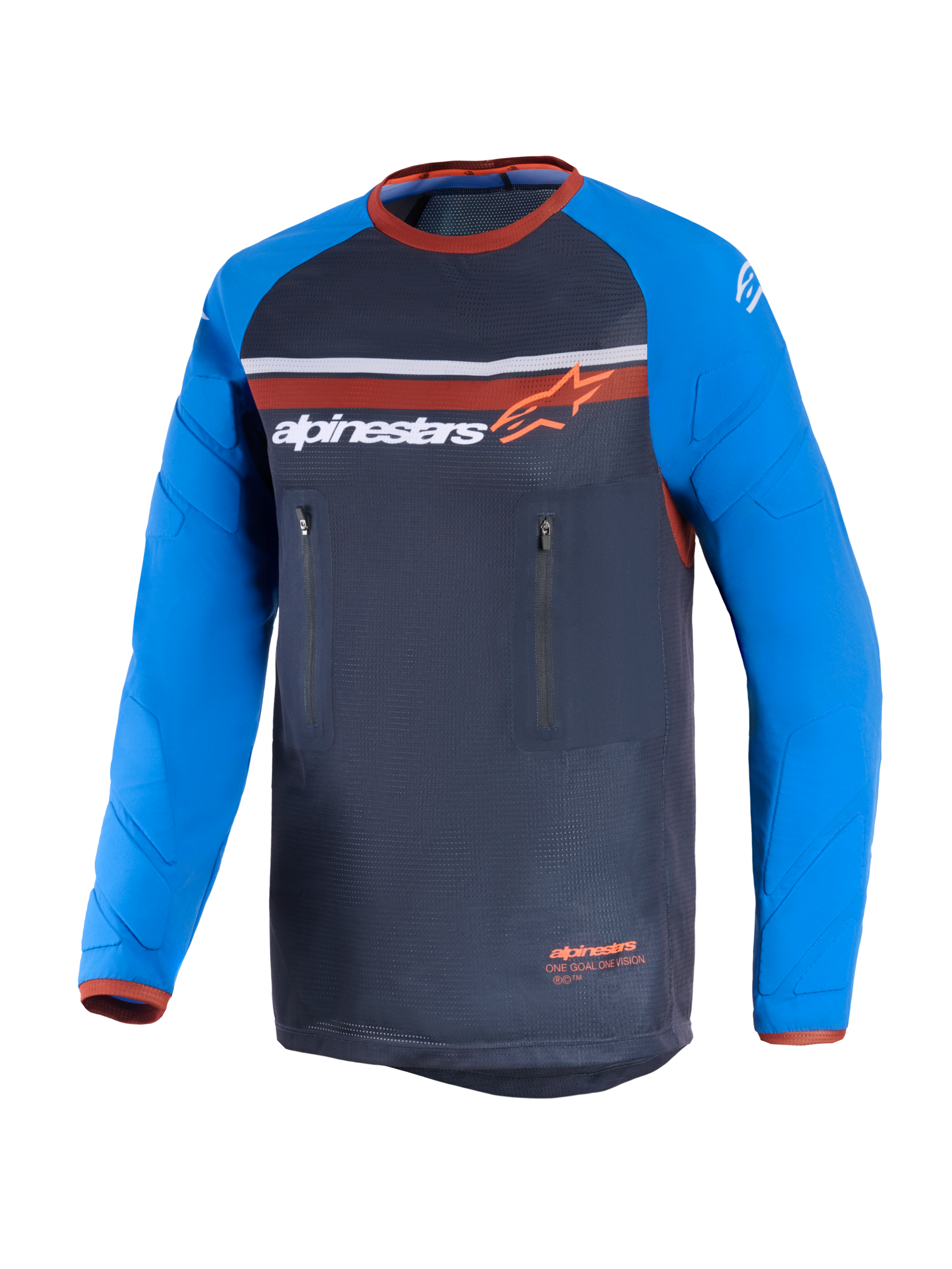 Alpinestars Maxdura Dual Jersey, gris oscuro y azul real, jersey de motociclismo dual-sport con torso de malla completa, mangas largas resistentes a la abrasión con patrones de refuerzo, detalles naranjas y bolsillos verticales dobles con cremallera en el pecho