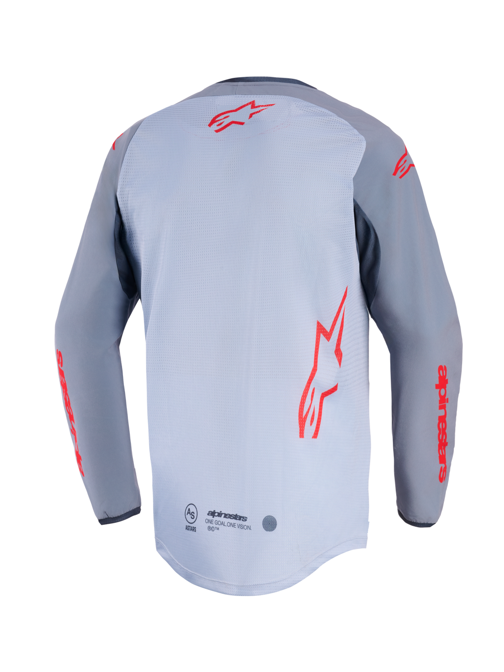 Alpinestars Maxdura Dual Jersey, vista trasera, gris medio y gris oscuro, con logotipos rojos de Alpinestars en la espalda y las mangas, construcción del torso en malla y dobladillo trasero extendido.