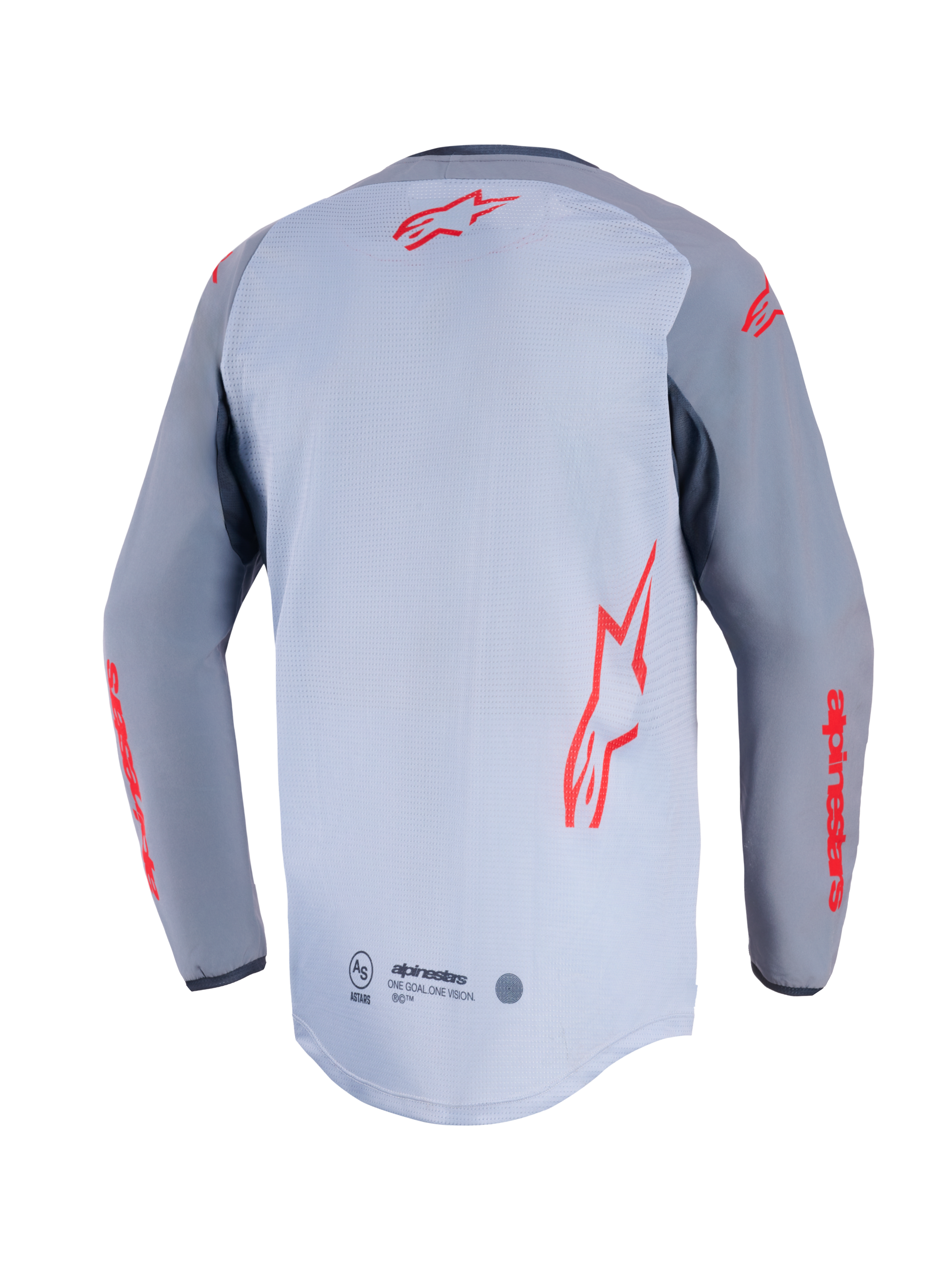 Alpinestars Maxdura Dual Jersey, vista trasera, gris medio y gris oscuro, con logotipos rojos de Alpinestars en la espalda y las mangas, construcción del torso en malla y dobladillo trasero extendido.