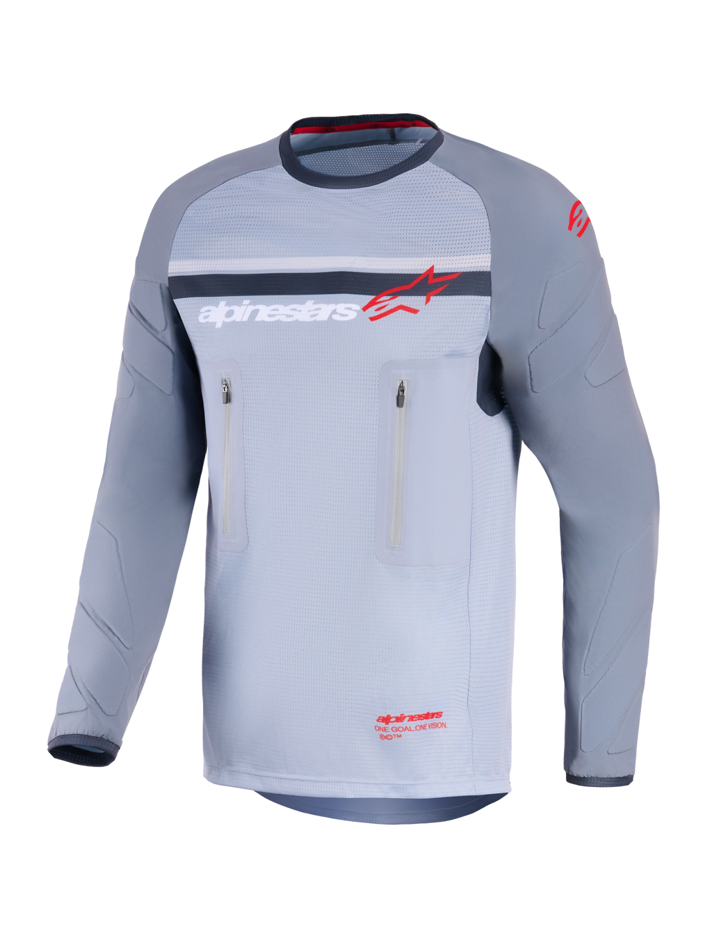 Alpinestars Maxdura Dual Jersey, jersey de moto de aventura, gris medio y gris oscuro, vista frontal con bolsillos verticales con cremallera en el pecho, mangas resistentes a la abrasión con acolchado integrado y logotipo de Alpinestars en rojo y blanco, equipamiento de alto rendimiento para conducción off-road