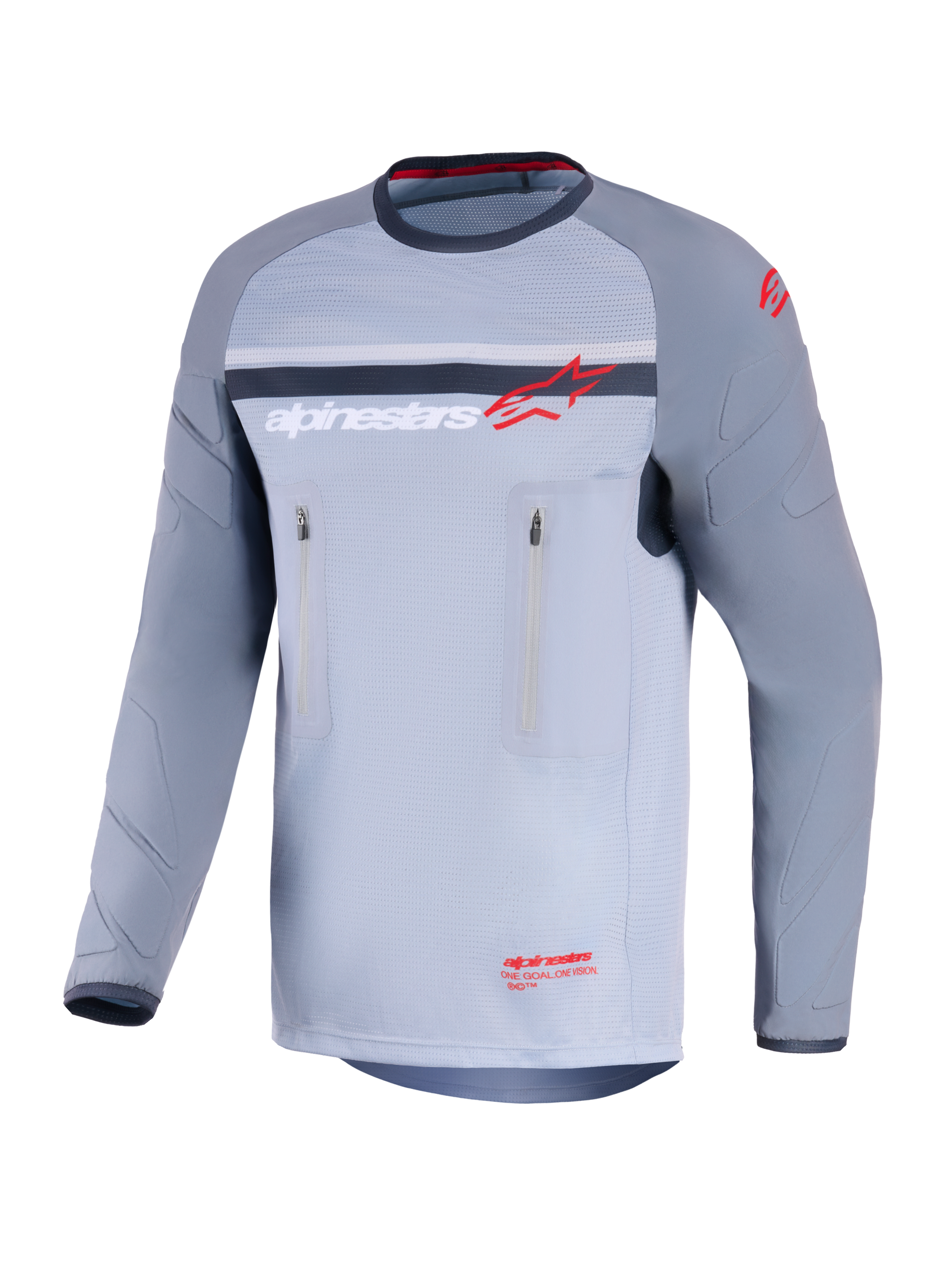 Alpinestars Maxdura Dual Jersey, jersey de moto de aventura, gris medio y gris oscuro, vista frontal con bolsillos verticales con cremallera en el pecho, mangas resistentes a la abrasión con acolchado integrado y logotipo de Alpinestars en rojo y blanco, equipamiento de alto rendimiento para conducción off-road