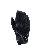 Alpinestars SP-R Pro Gloves, Black motorcycle racing gloves with white star logo and red pro text, reinforced knuckle protection, textured grip panels, ventilated fingers, premium leather construction for track and sport riding