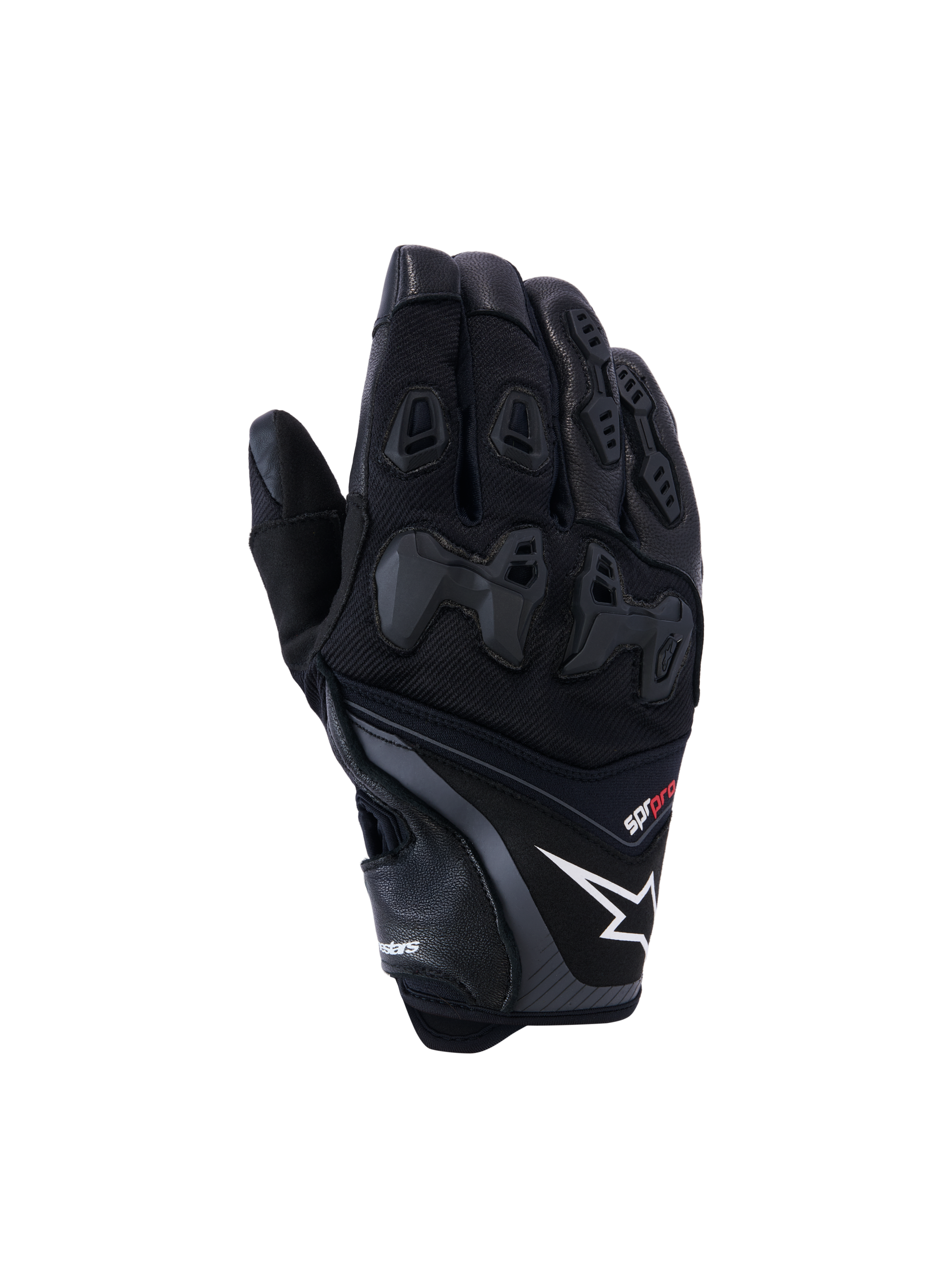 Alpinestars SP-R Pro Gloves, guantes de moto de carreras negros con logo de estrella blanco y texto pro en rojo, protección de nudillos de TPU dividida y paneles de dedos reforzados, confección en cuero y textil de primera calidad para conducción deportiva