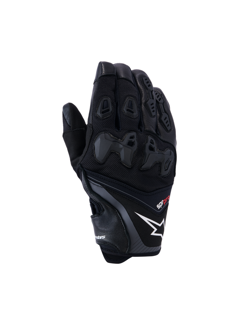 Alpinestars SP-R Pro Gloves, Black motorcycle racing gloves with white star logo and red pro text, reinforced knuckle protection, textured grip panels, ventilated fingers, premium leather construction for track and sport riding