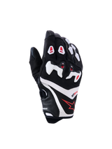 Alpinestars SP-R Pro Gloves, guantes de moto para carreras, negros con detalles blancos y rojos, protección en nudillos, diseño con estrella roja, construcción de materiales texturizados y lisos