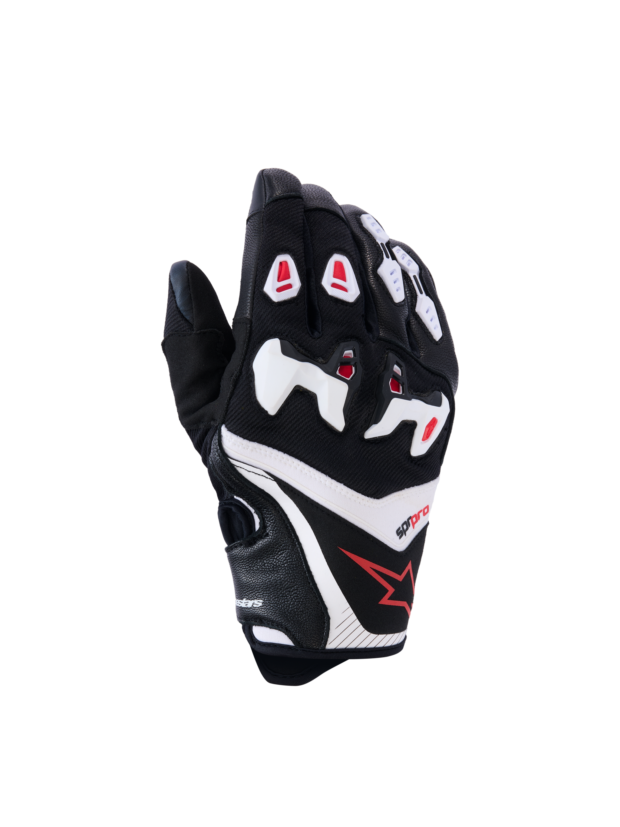 Alpinestars SP-R Pro Gloves, guantes de moto para carreras, negros con detalles blancos y rojos, protección en nudillos, diseño con estrella roja, construcción de materiales texturizados y lisos