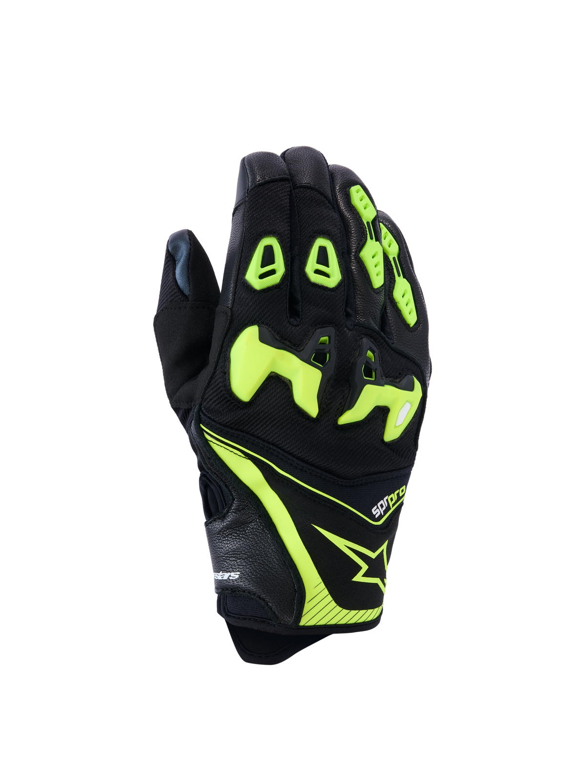 Alpinestars SP-R Pro Gloves, Motorcycle Racing Gloves, Black and Yellow Fluo, featuring divided TPU knuckle protection, perforated leather and textile construction, bright neon accents with Alpinestars logo and sp-r pro branding on the cuff