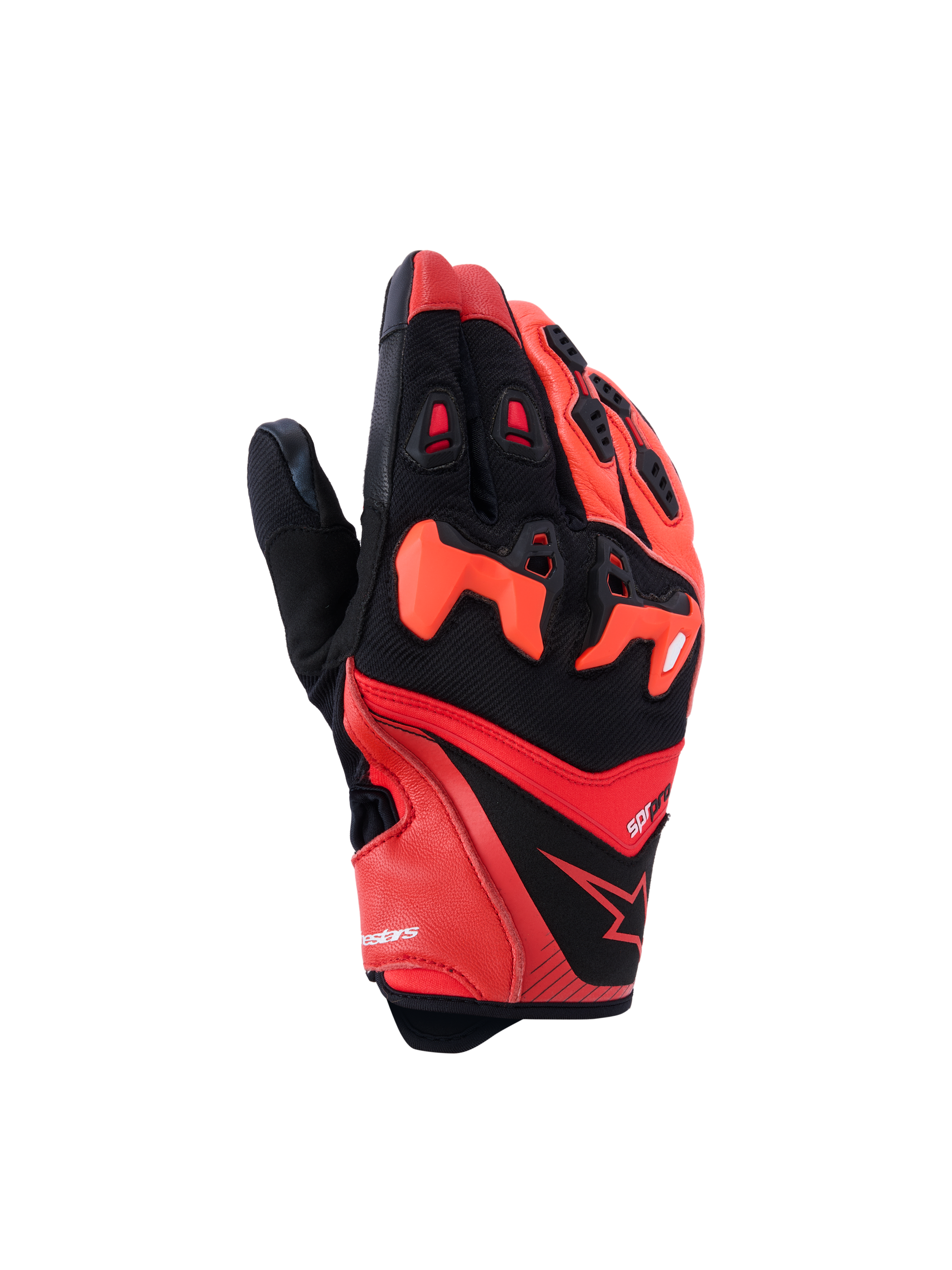 Alpinestars SP-R Pro Gloves, Motorcycle Racing Gloves, Red and Black, hard shell knuckle protectors, finger vents, textured palm grip, sporty angular design with logo