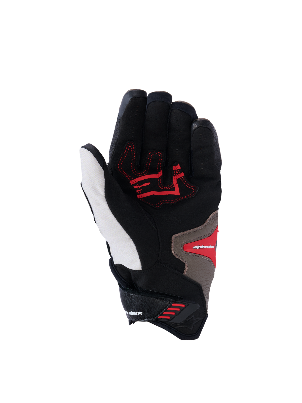 Guantes Alpinestars SP-R Pro, vista de la palma, combinación de colores Walnut Mastic Black, con inserciones de agarre rojas sobre una base negra y blanca con detalles en color tostado, guantes deportivos de moto de puño corto con palma reforzada y diseño ergonómico.