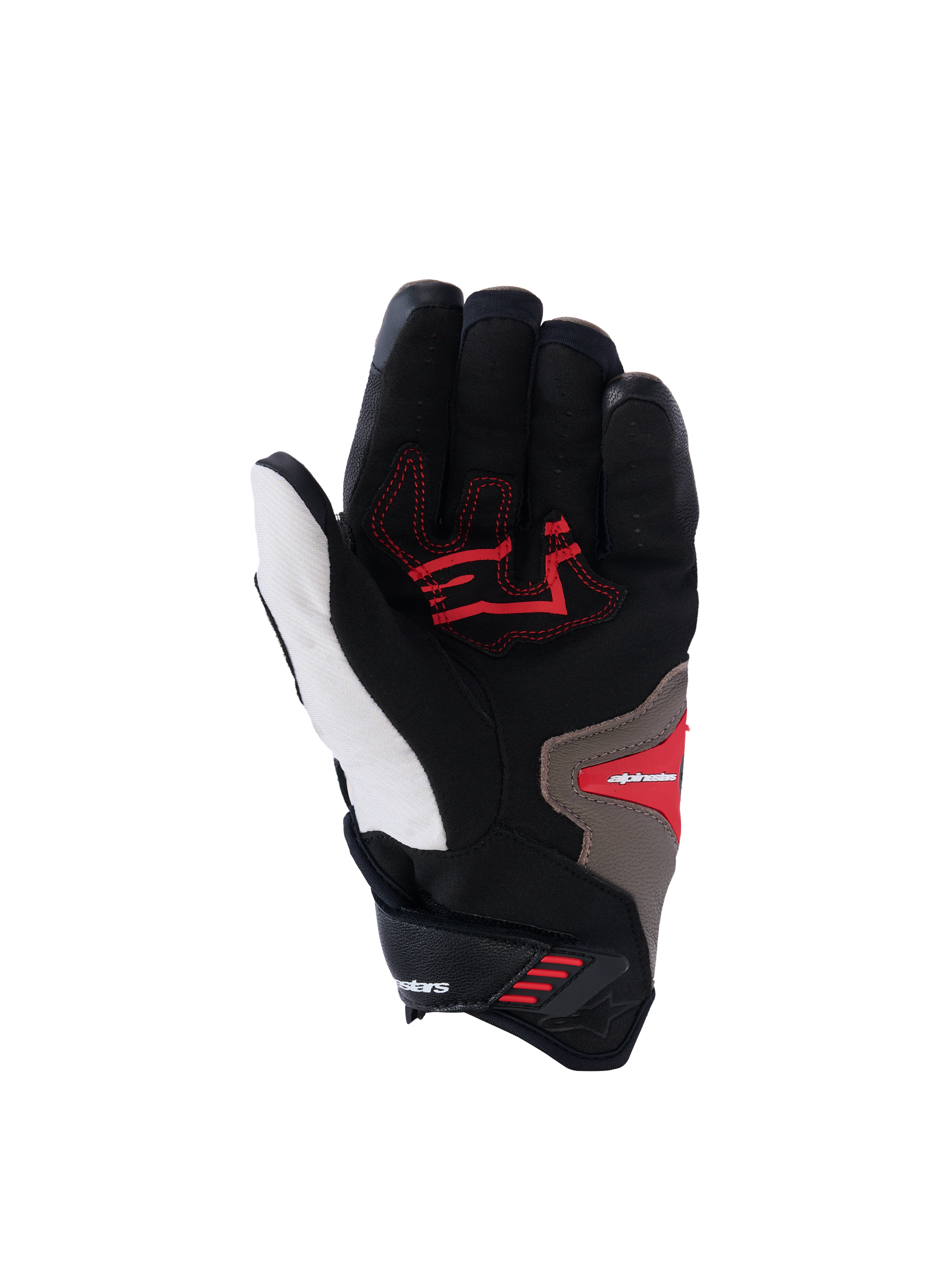 Guantes Alpinestars SP-R Pro, vista de la palma, combinación de colores Walnut Mastic Black, con inserciones de agarre rojas sobre una base negra y blanca con detalles en color tostado, guantes deportivos de moto de puño corto con palma reforzada y diseño ergonómico.