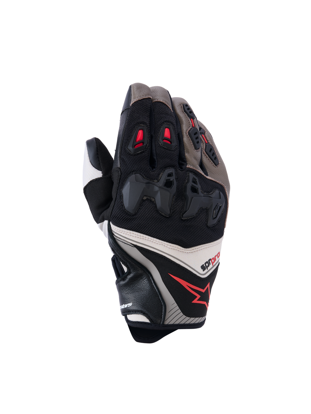 Guantes Alpinestars SP-R Pro, guantes de moto para carreras, nogal, mastic y negro con detalles rojos, con protección de nudillos rígida dividida, construcción de cuero y tejido, diseño deportivo de alto rendimiento
