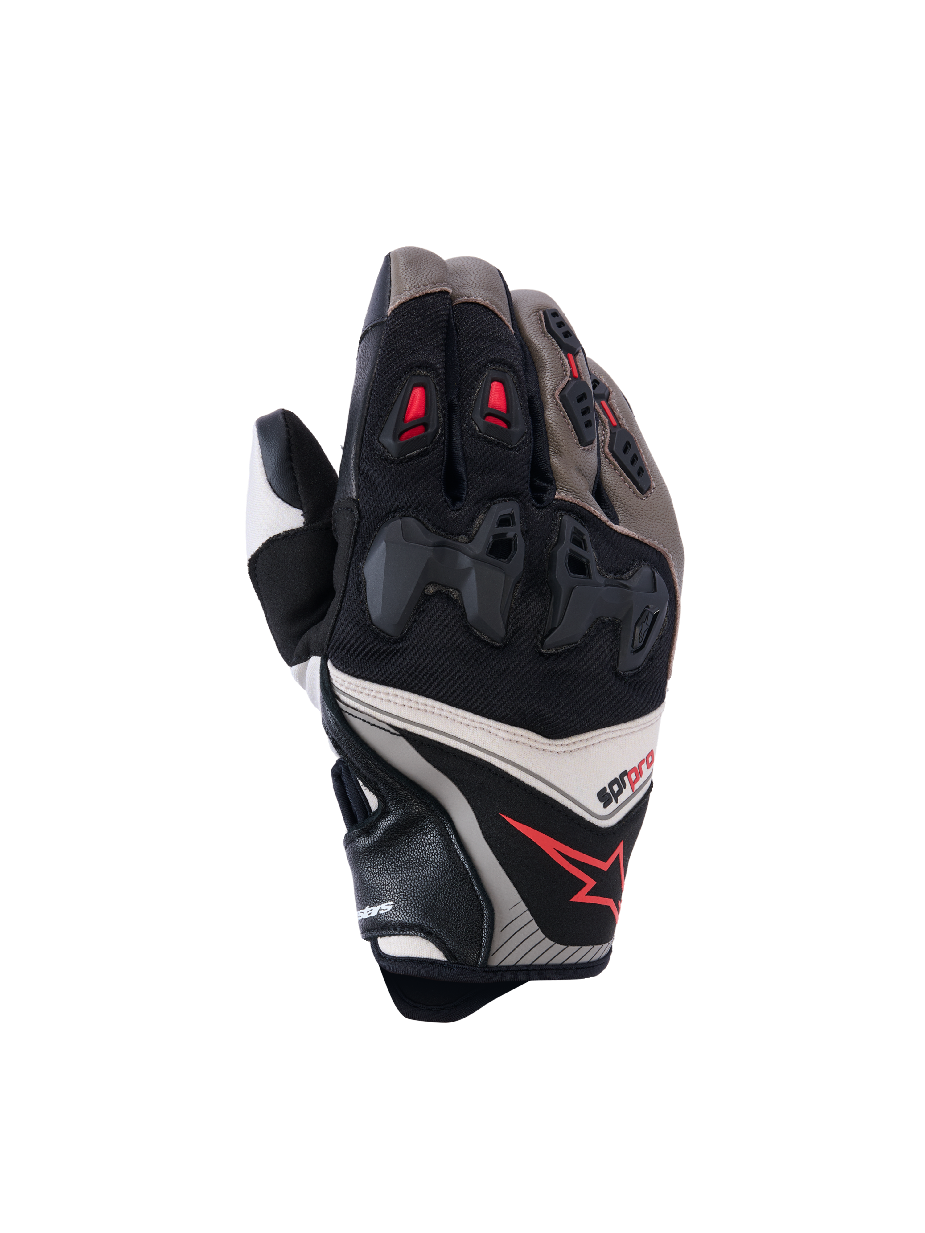 Guantes Alpinestars SP-R Pro, guantes de moto para carreras, nogal, mastic y negro con detalles rojos, con protección de nudillos rígida dividida, construcción de cuero y tejido, diseño deportivo de alto rendimiento