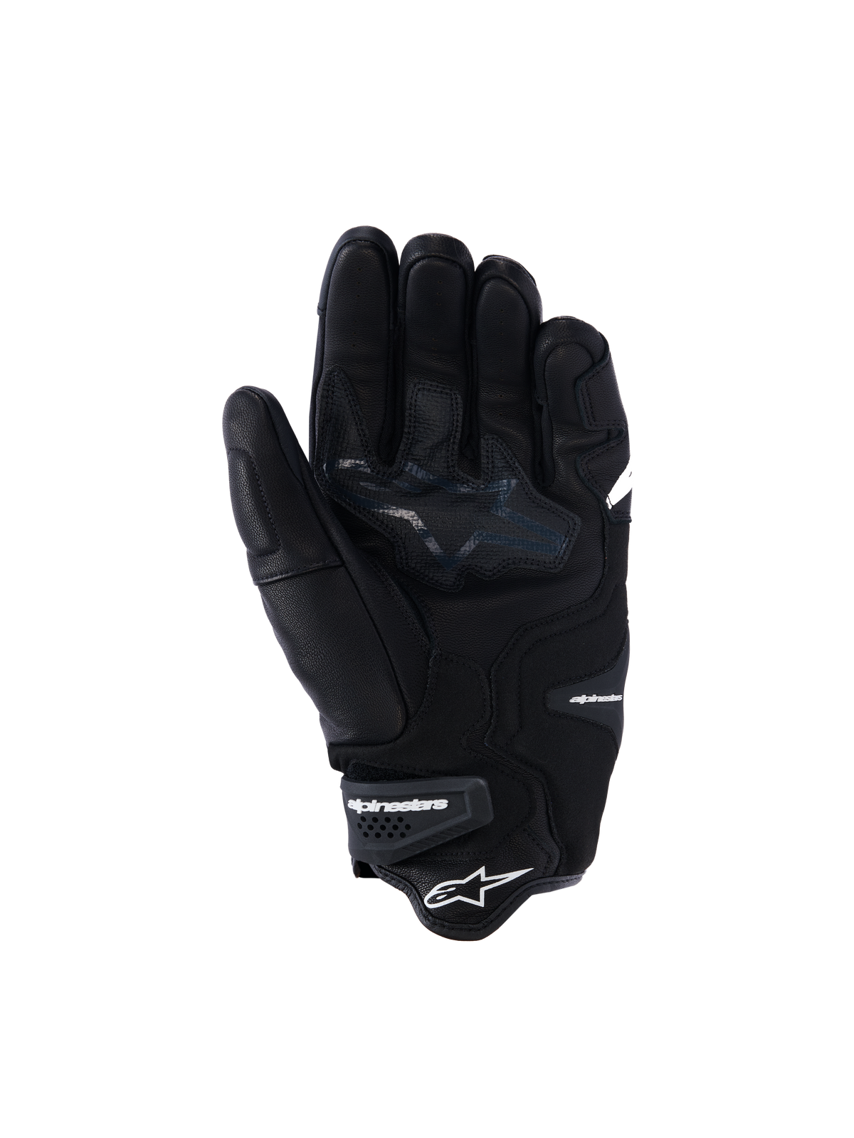 Alpinestars SP-R Tech Gloves, Black leather motorcycle gloves, palm view showing reinforced grip zones and star logo, elasticated wrist with Alpinestars branding, sport riding gear with goat leather construction