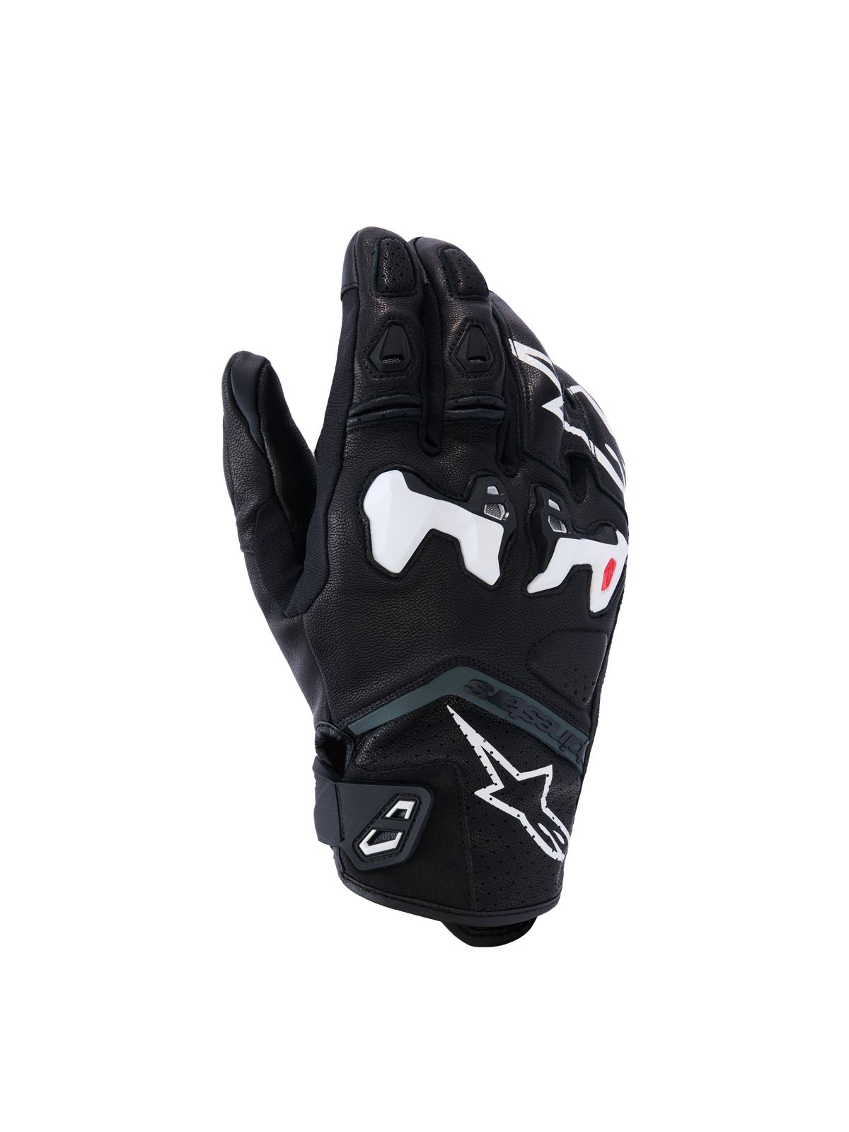 Guantes Alpinestars SP-R Tech, guantes de moto de competición, negros con detalles en blanco y rojo, protección de nudillos reforzada, superficie texturizada con dedos acolchados, cierre de velcro en la muñeca, diseño deportivo moderno