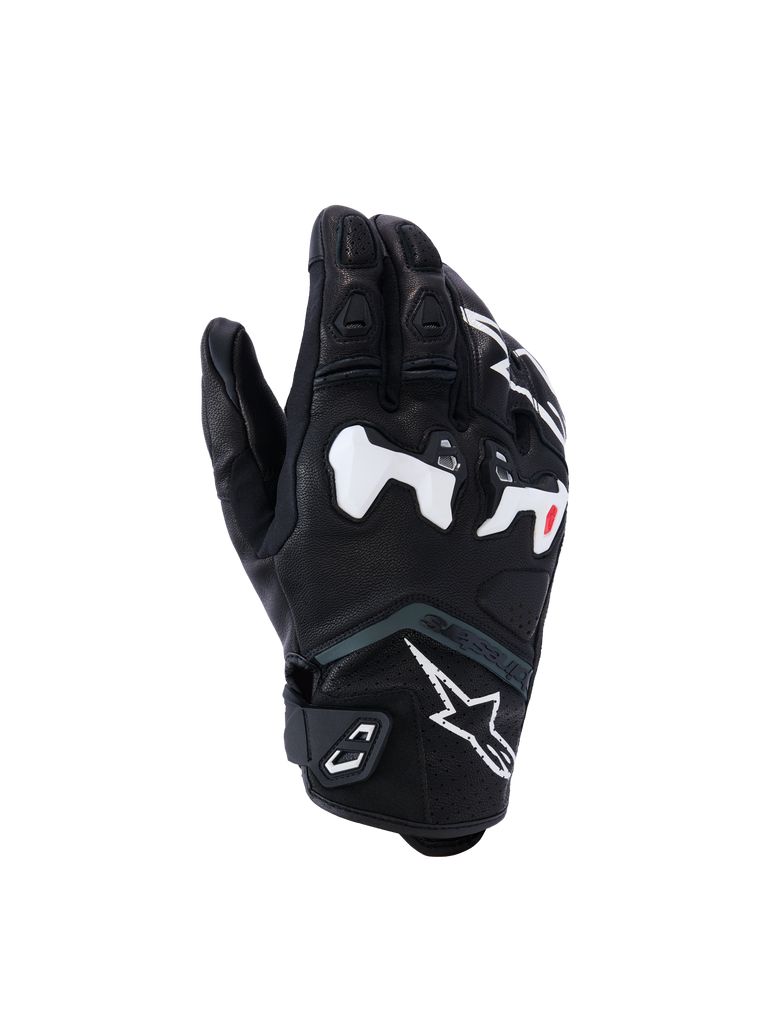 Alpinestars SP-R Tech Gloves, Motorcycle Racing Gloves, Black with White and Red Accents, Reinforced Knuckle Protection, Textured Surface with Padded Fingers, Velcro Wrist Strap, Modern Sporty Design