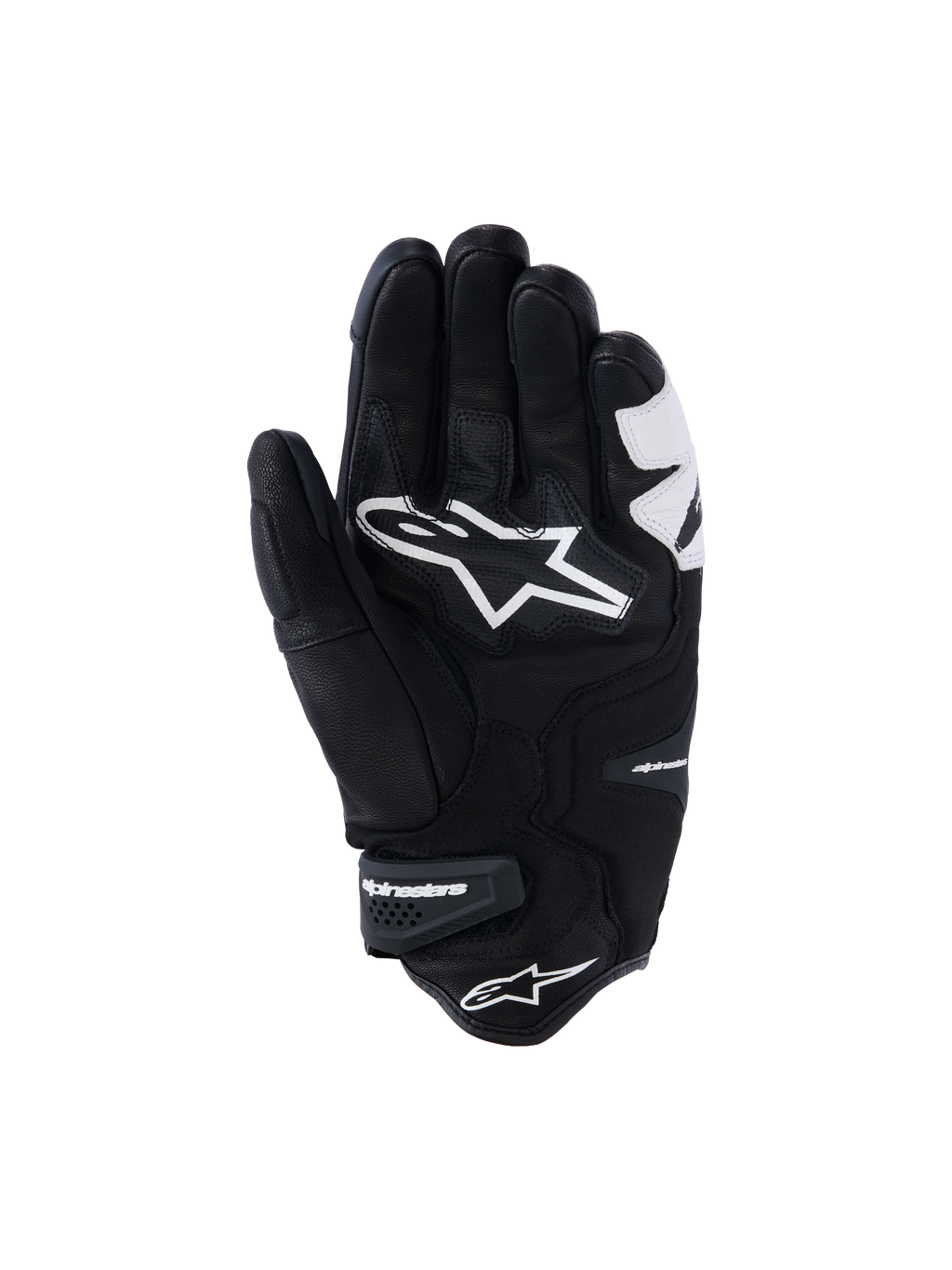 Guantes Alpinestars SP-R Tech, negros y blancos, vista de la palma que muestra la construcción de cuero reforzado, gran logotipo blanco de Alpinestars en la palma y puño corto con correa de velcro de la marca, guantes de moto deportivos y de competición