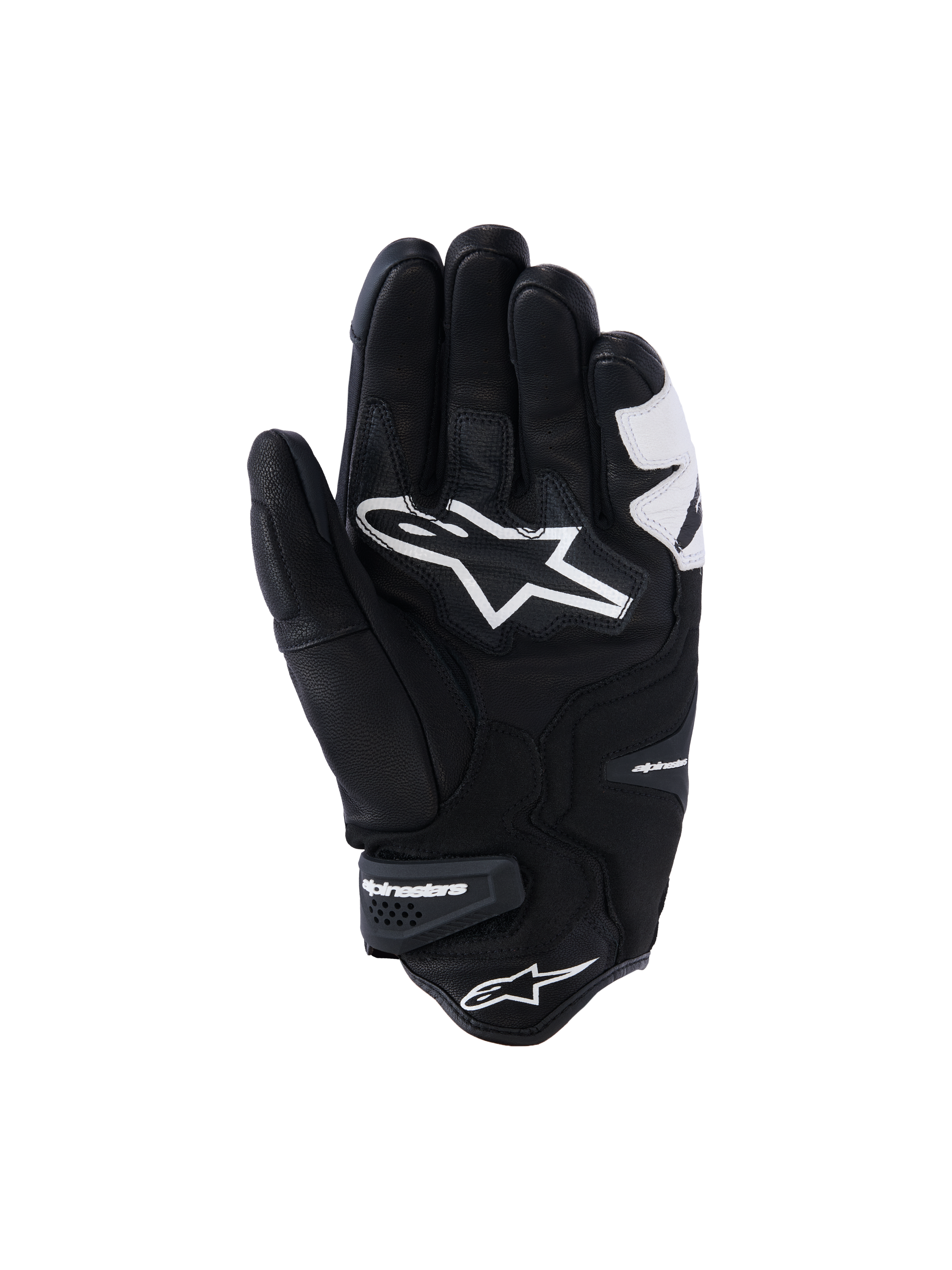 Guantes Alpinestars SP-R Tech, negros y blancos, vista de la palma que muestra la construcción de cuero reforzado, gran logotipo blanco de Alpinestars en la palma y puño corto con correa de velcro de la marca, guantes de moto deportivos y de competición