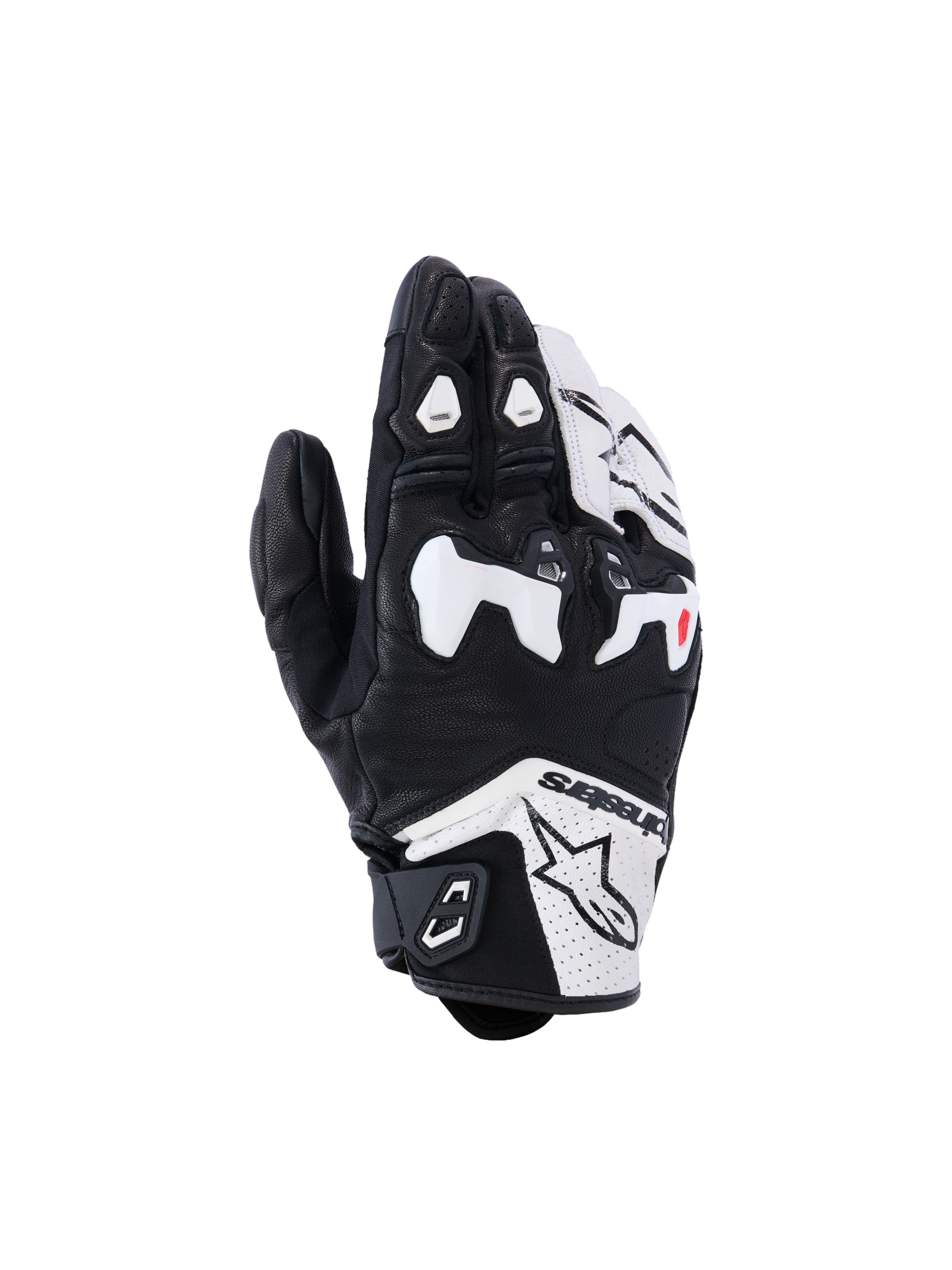 Guantes Alpinestars SP-R Tech, guantes de competición para moto, negros y blancos, con protector de nudillos dividido de TPU blanco, confección en cuero perforado, marca Alpinestars en el puño y detalles rojos en los dedos, diseño deportivo de puño corto.